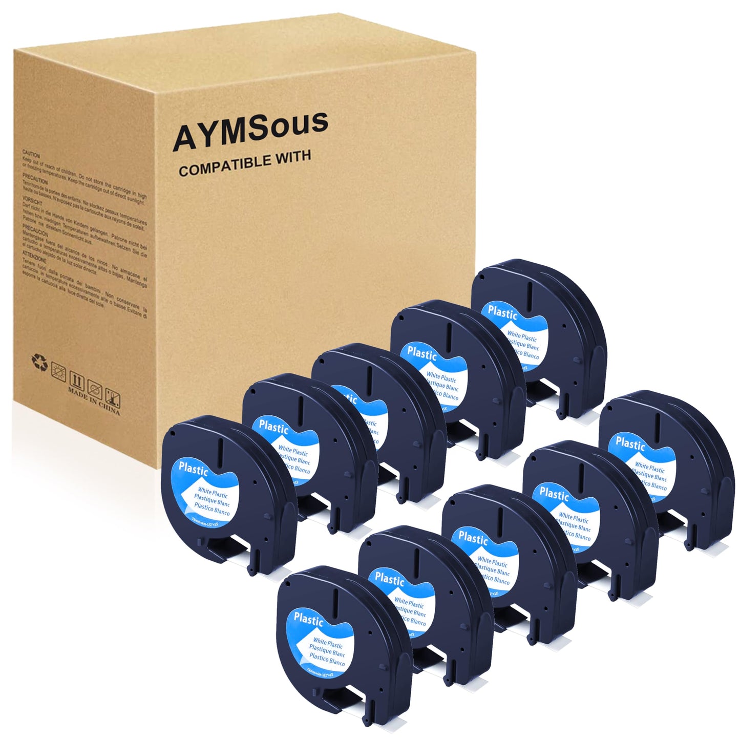 AYMSous Black on White Plastic Tape Label Maker Compatible for Dymo LetraTag Refill 91331, 12mm x 4m (1/2'' x 13') for Dymo Letra Tag Label Maker LT-100H LT-100T LT-110T QX50 (10-Pack)