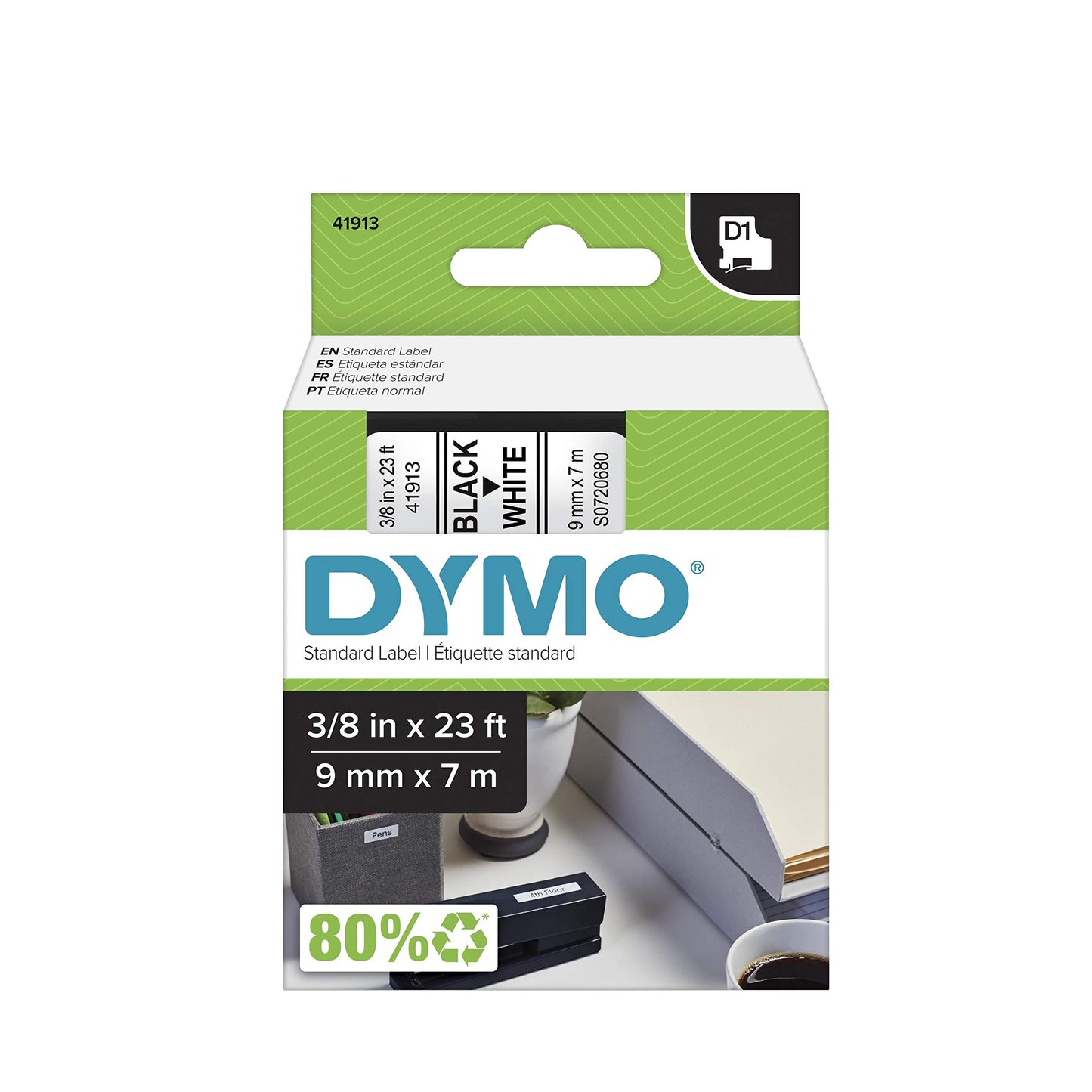 DYMO D1 Standard Labeling Tape for LabelManager Label Makers, Black print on White tape, 3/8'' W x 23' L, 1 cartridge