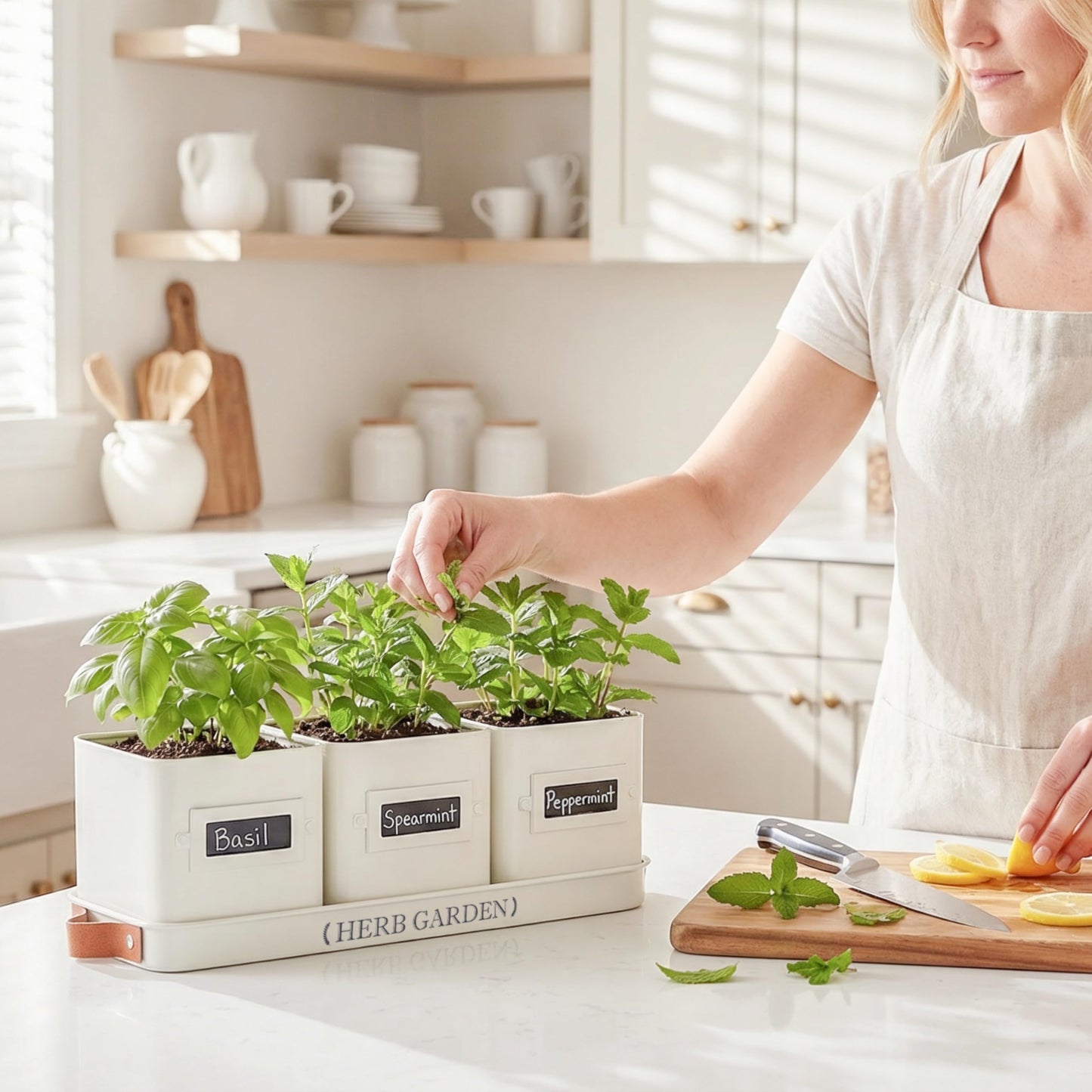 Perfnique Indoor Herb Garden, Herb Planter Set with Tray, Farmhouse Indoor Plant Pots, Windowsill Herb Garden with Drainage(Planter only) for Indoor/Outdoor, Window Pots (White)