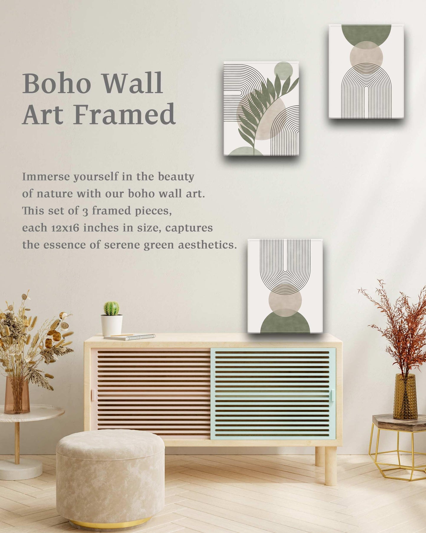 HesenDot Sage Green Boho Wall Art,30x40CM Framed Canvas Posters Prints,Minimalist Wall Decor Pictures,Mid-Century Modern Wood Framed Abstract Printing for Living Room Bedroom Bathroom Office,Set of 3