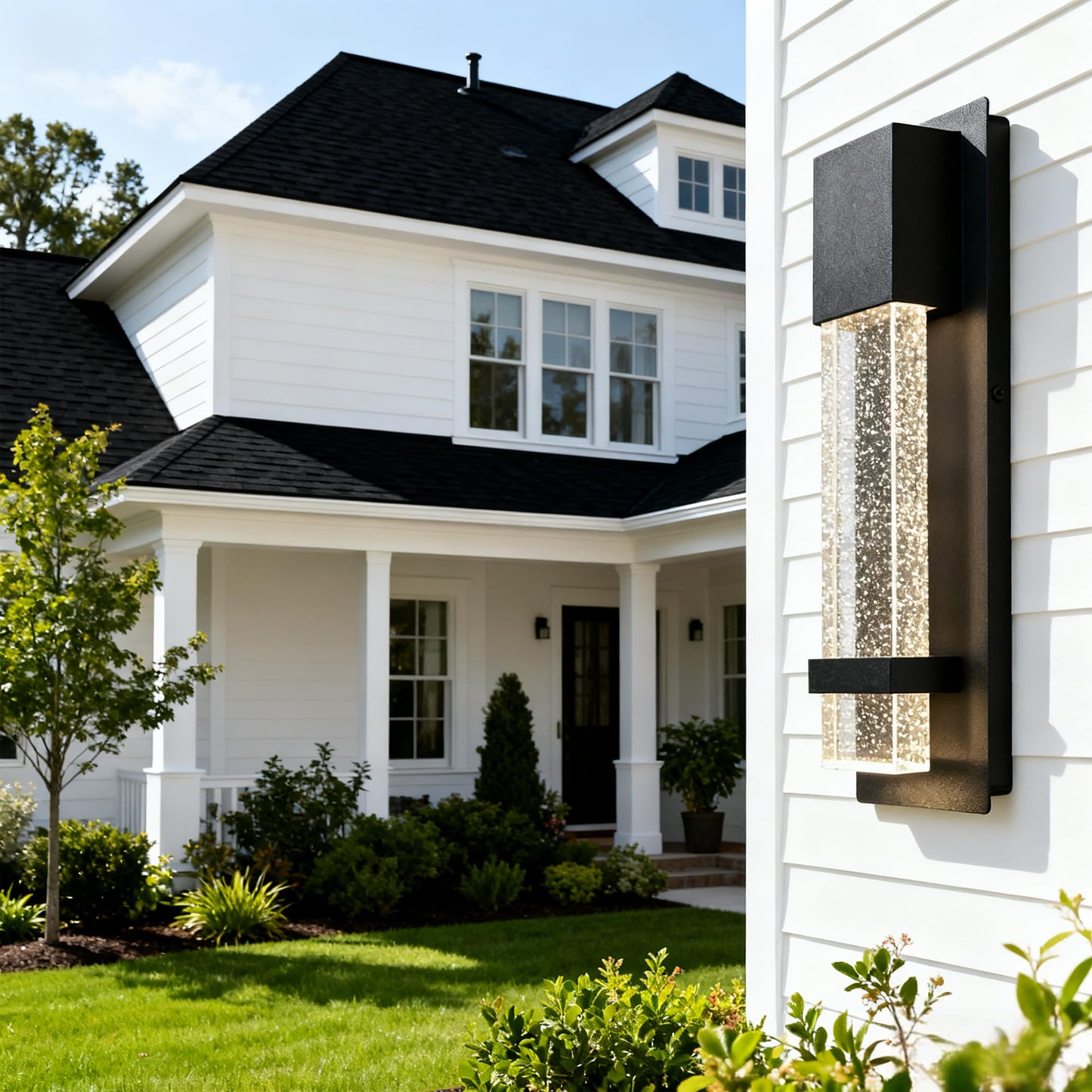 Modern Outdoor Wall Sconce,3000K Warm Light, Black Waterproof Aluminum Exterior Wall Lantern with Crystal Bubble Glass, Hardwired Outdoor Wall Light for Porch, Patio,Entryway, Garden