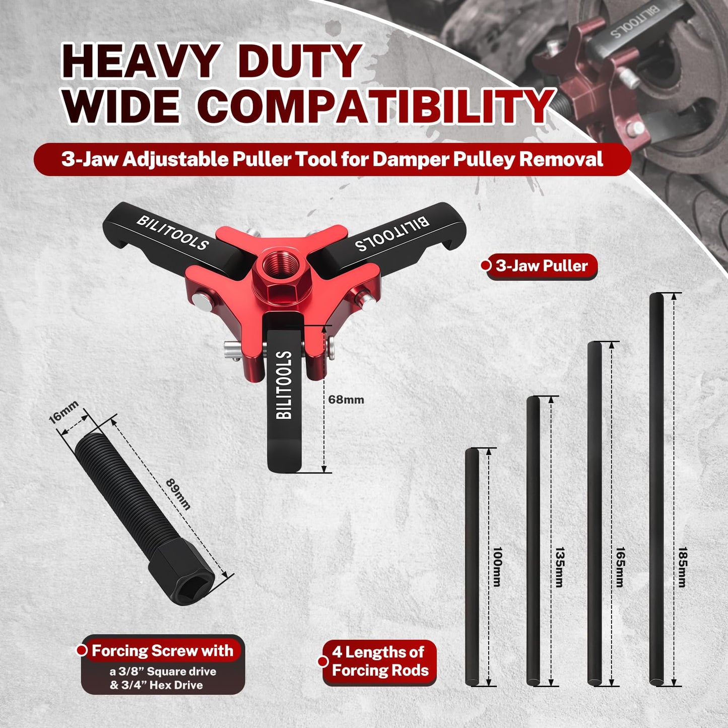 BILITOOLS Harmonic Balancer Puller Set, Adjustable 3-Jaw Puller for Removing Harmonic Damper Pulley Compatible with Chevy GM Chrysler ect.