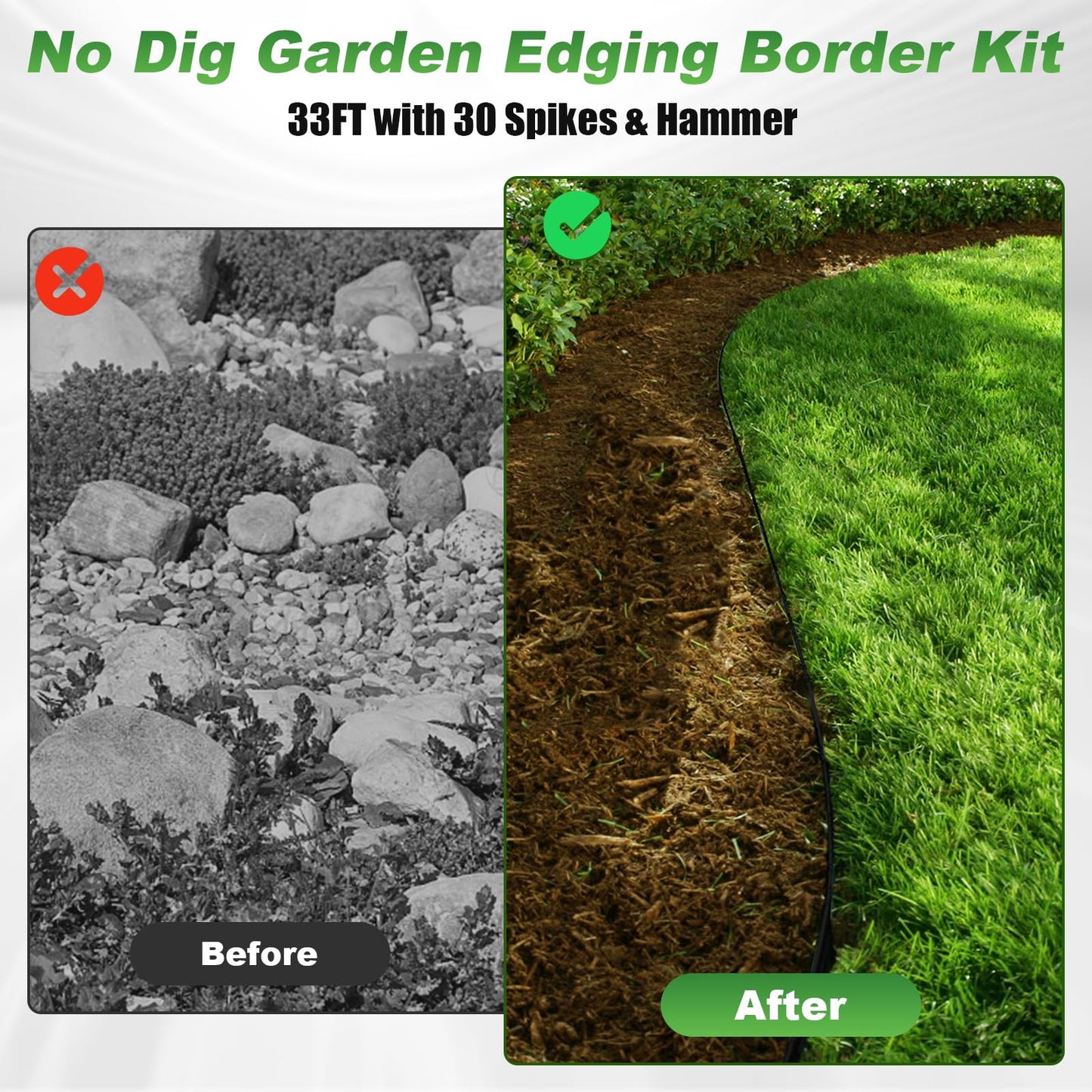 33FT Garden Edging Border, 4 Inch Height No Dig Lawn Edging Kit with 30 Spikes and Hammer, Plastic Landscape Edging for Yard, Flower Beds, and Pathways - Black