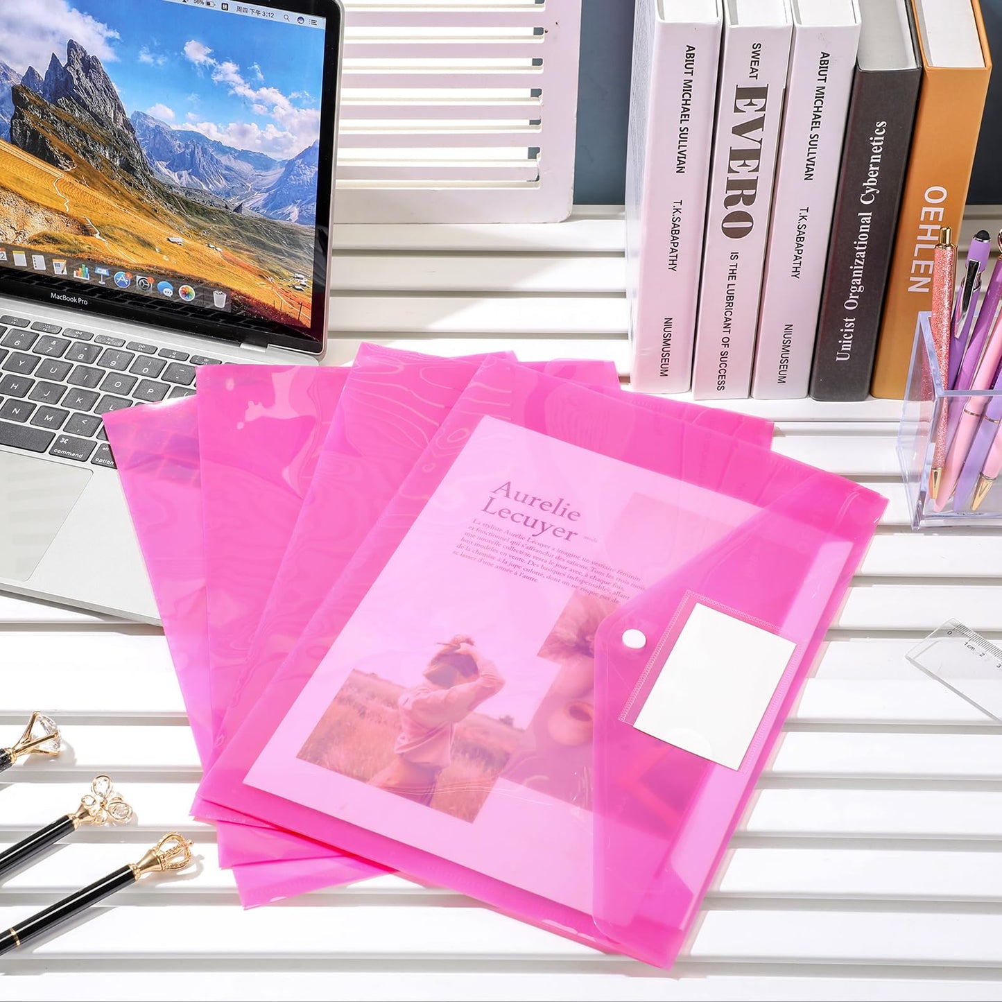 Yeaqee 50 Pcs Plastic Envelopes Poly Envelopes File Folders with Snap Button Closure Clear Folders for Documents US Letter A4 Size Filing Holder with Label Pocket for Home Office School(Pink)
