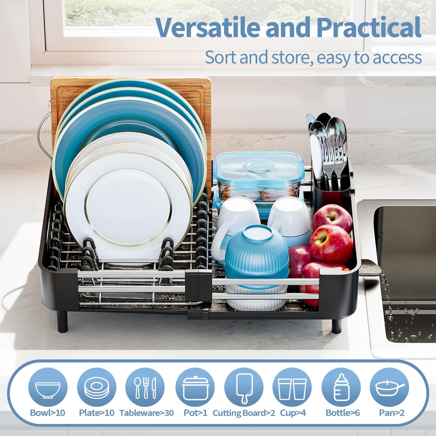 Urackify Extendable Dish Drying Rack, Dual Part Dish Drainers with Non-Scratch and Movable Cutlery Drainer and Drainage Spout, Adjustable Dish Rack for Kitchen,Black