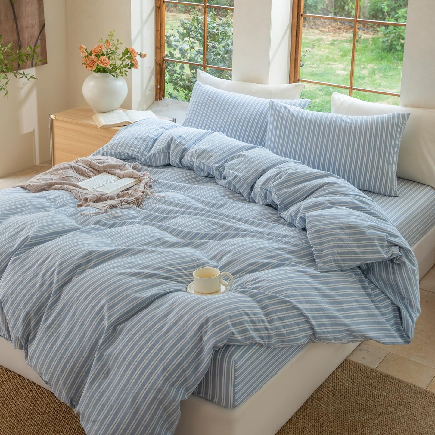 BESTDESIL Luxury 100% Washed Cotton Linen Like Duvet Cover Set,3 Pcs Striped Duvet Cover with Zipper Closure(Strip-Cornflower Blue/White,Full Size)