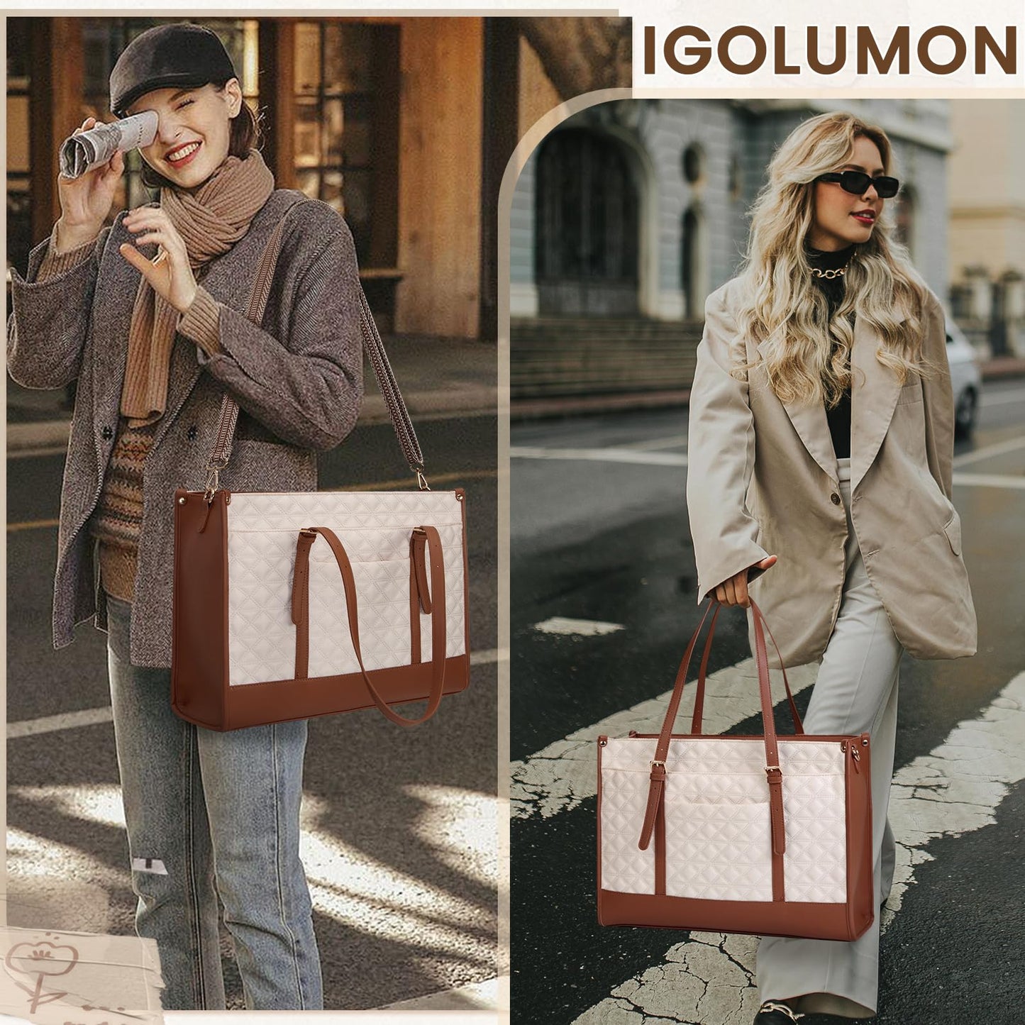 IGOLUMON Laptop Bags for Women Vegan Leather Laptop Bag 15.6 Inch Quilted Work Tote Bag Womens Laptop Briefcase for Business Travel Office Teacher Designer Computer Bag with Purse Beige & Brown