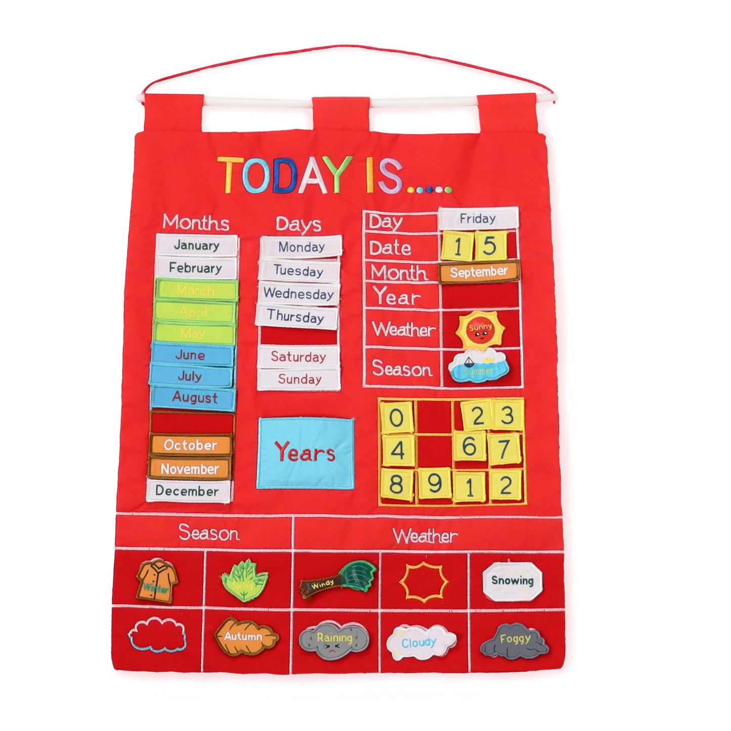 The Peanutshell Preschool Educational Wall Calendar - 53 Fabric Pieces for Months, Days, Years, Weather, & Seasons (Red)