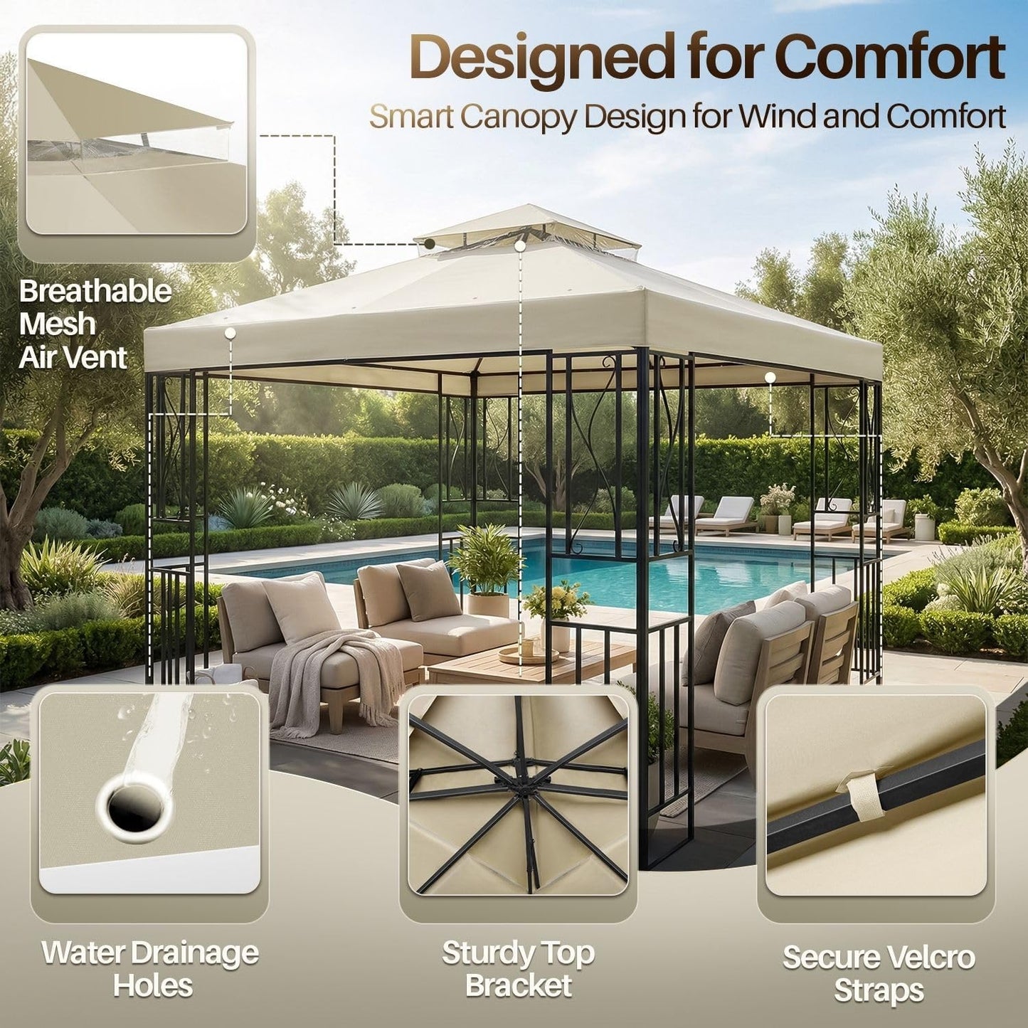 Flexzion Gazebo Cover Replacement Canopy Top 10x10 Ft (3m x 3m) - Double Tier Top Canopy Cover Replacement with UV30+, Dirt, Water Resistant for Outdoor, Sunshade, Garden, Patio, Pavilion (Ivory)