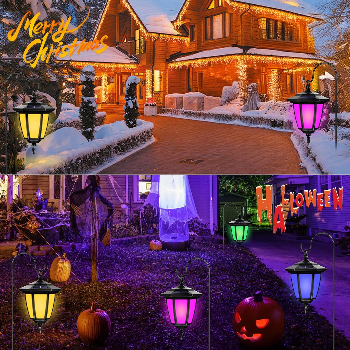 Viewsun 34 Inch Solar Hanging Lights, Shepherd Hook Lights with 2 Shepherd Hooks Waterproof Outdoor Decorative Solar Lantern Lights for Garden Decor, Patio, Backyard, Pathway, 4 Pack