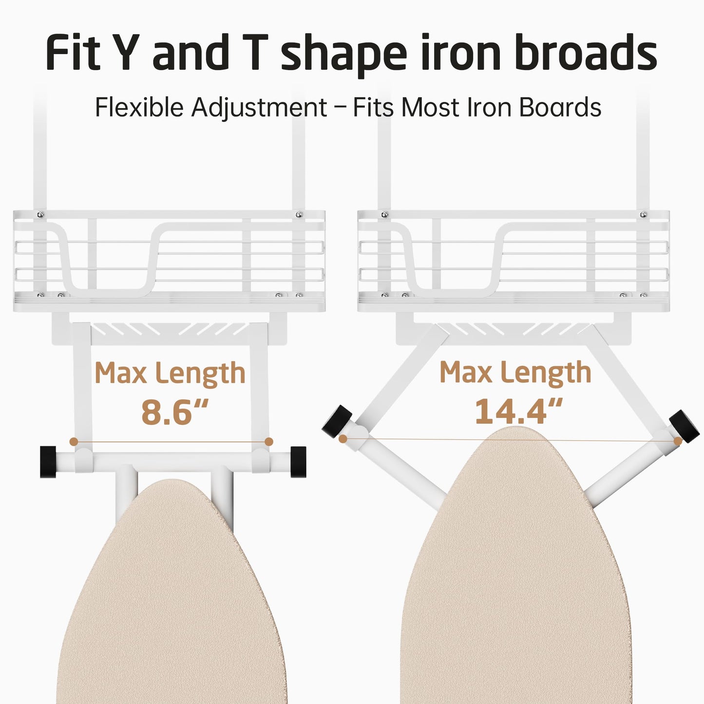 KES Over The Door Ironing Board and Iron Hanger, White Ironing Board Holder Fit for 1 3/4 Doors, Behind Door Hanger with Hooks Storage Y or T Shape Iron Board, HIR501B-WH