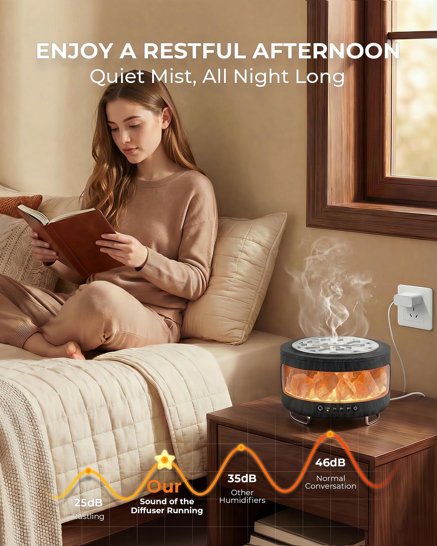 Essential Oil Diffuser with Himalayan Salt Lamp, 350ml Ultrasonic Aromatherapy Humidifier, 7 Colors LED Light, Timer & Auto Shut-Off for Home Bedroom Office Spa Yoga Black Wood Grain