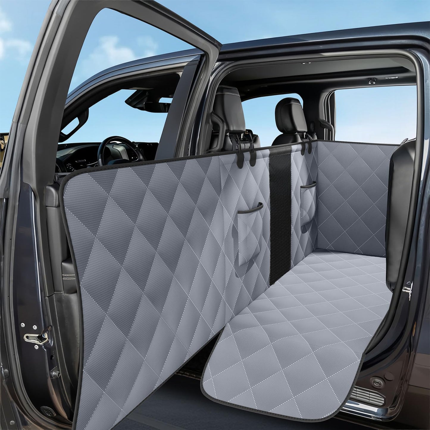SANQITARA XL Dog Seat Cover for Truck with Flip Up Rear Seats, Waterproof Dog Back Seat Floor Cover with Door Protector & Pet Seat Belt for Crew Cab Trucks, Pet Truck Accessories for F150