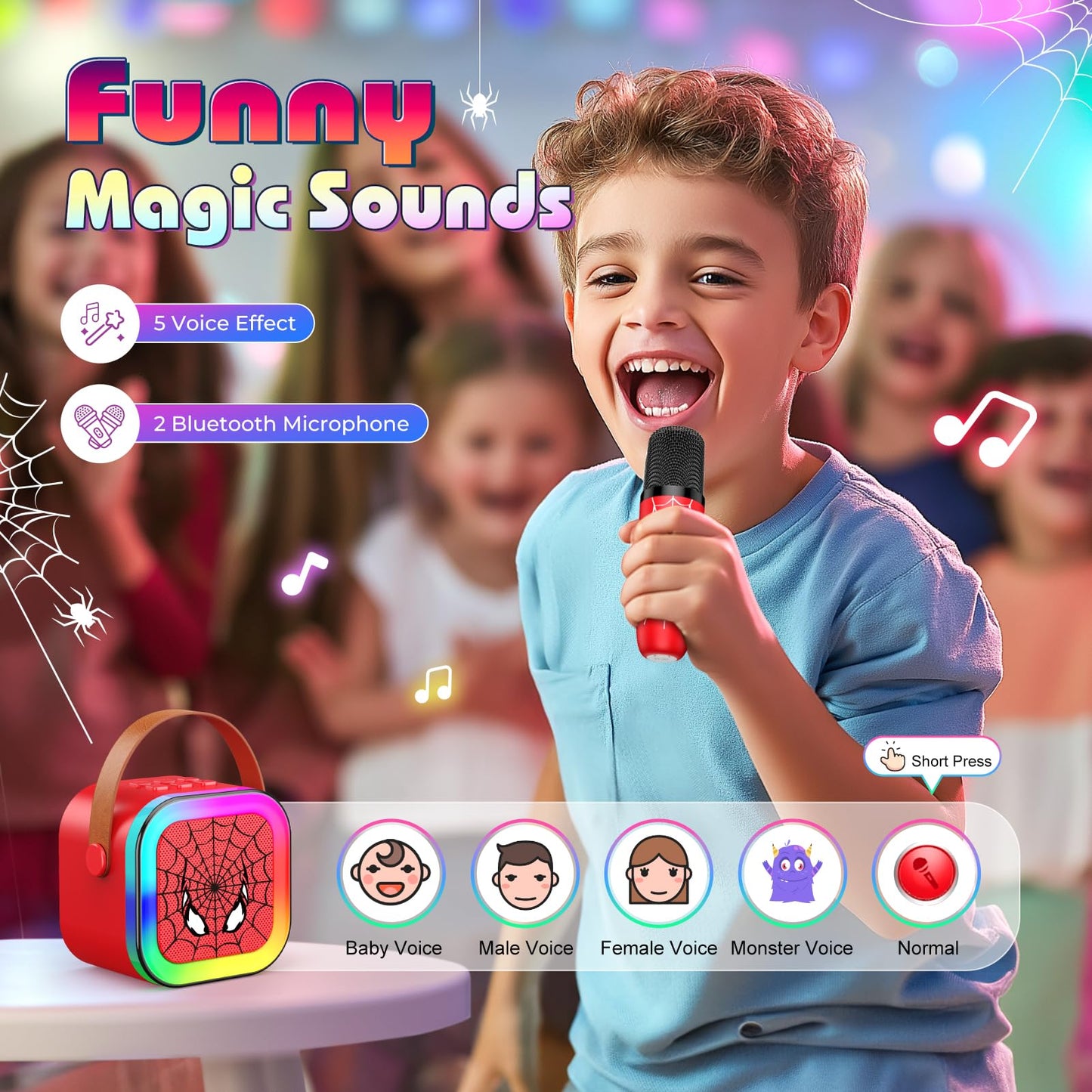 Spider Mini Karaoke Machine Kids, vicia Toys for 3 4 5 6 7 8 Year Old Boys Bluetooth Speaker with 2 Karaoke Microphone Christmas Birthday Gifts for 3-5 6-8 8-12 Year Old Boys Girls Adult