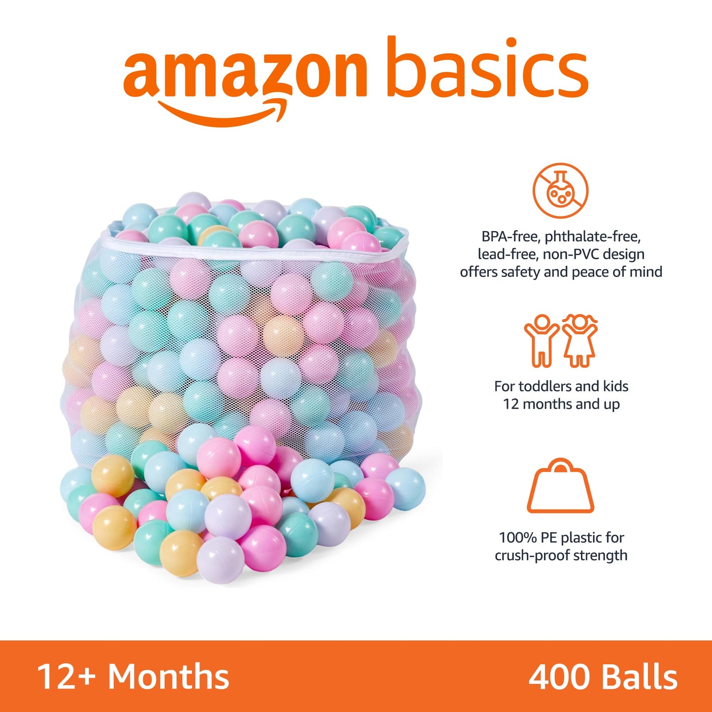 Amazon Basics BPA Free Crush-Proof Plastic Ball, Pit Balls with Storage Bag, Toddlers Kids 12+ Months, Pack of 400 Balls, 6 Pastel Colors