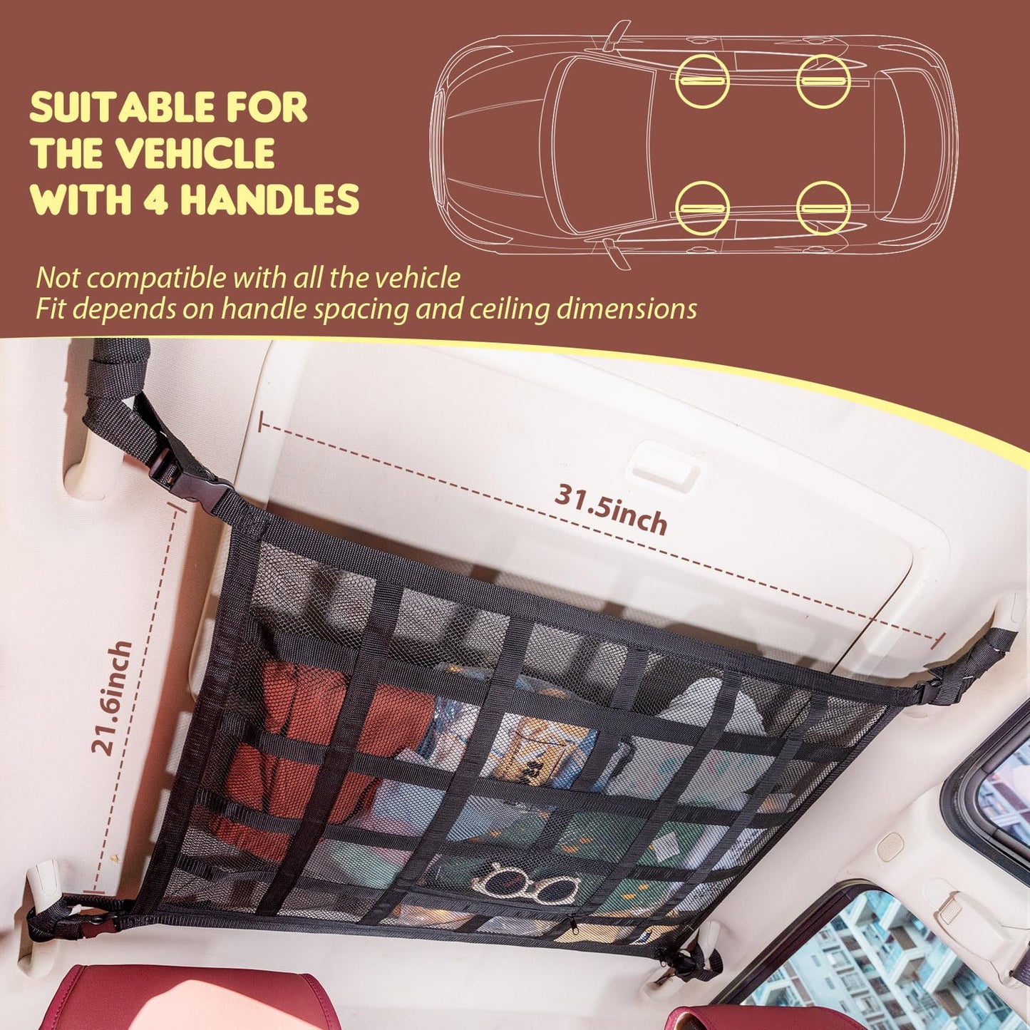 Upgrade Car Ceiling Cargo Net Pocket,31.5"x21.6" Strengthen Load-Bearing and Droop Less Double-Layer Mesh Car Roof Storage Organizer,Truck SUV Travel Long Road Trip Camping Interior Accessories
