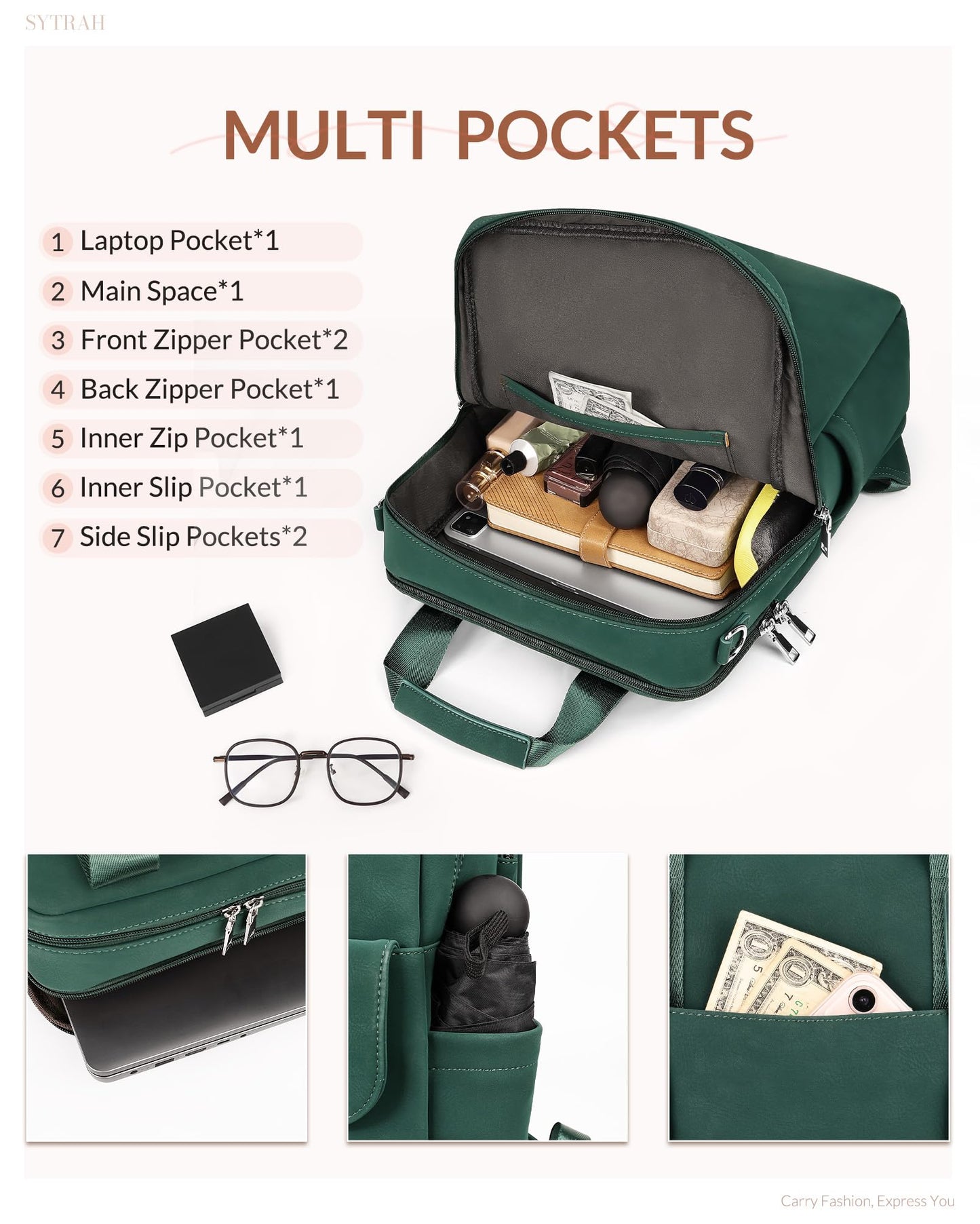 SYTRAH Leather Laptop Backpack 15.6 Inch Womens Laptop Bag, 3 IN 1 Computer Bag Handbag with Colorful Shoulder Bag Strap for Work Travel College Green