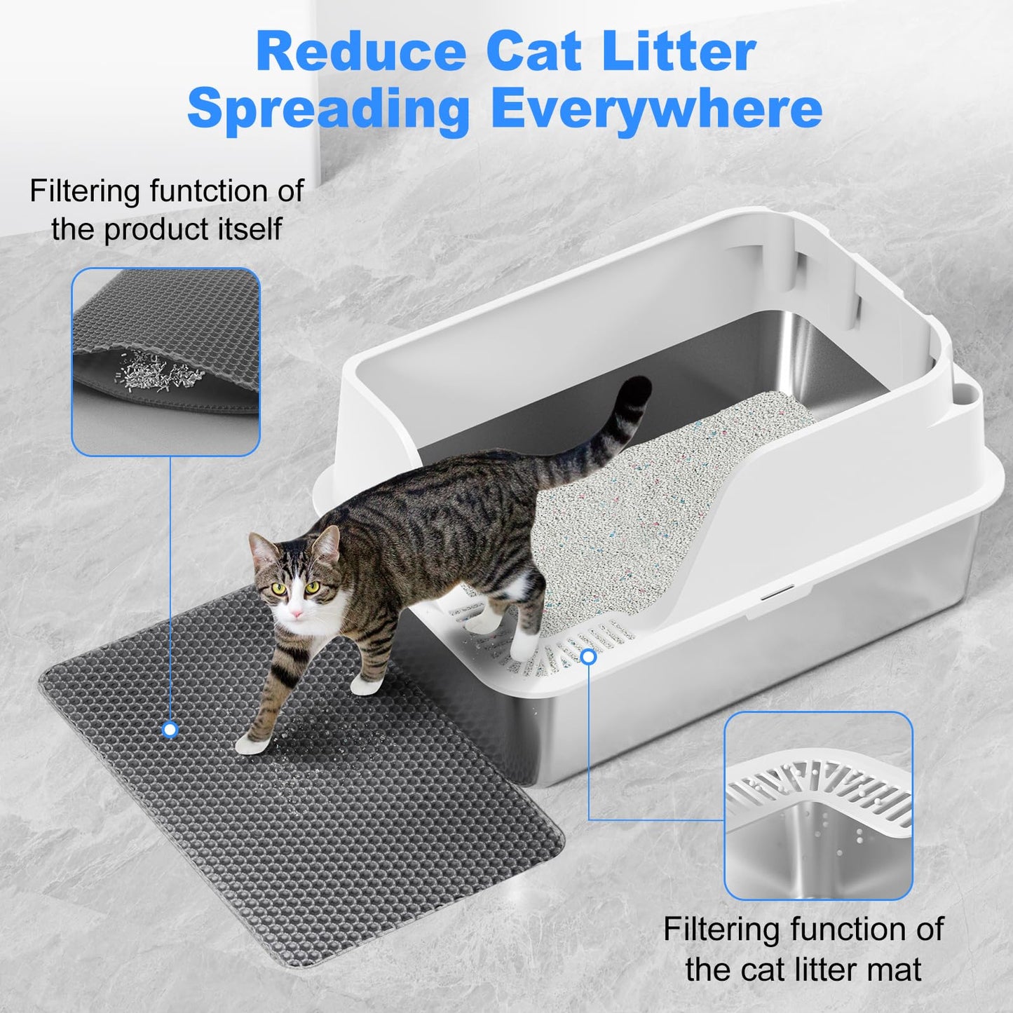 Stainless Steel Cat Litter Box with Lid, XL for Big Cats, High Sided Metal Litter Pan, Anti Leakage,Odor-Free & Easy Cleaning,Included Scoop &Trash Bag*2 & Mat & Sticker (White)