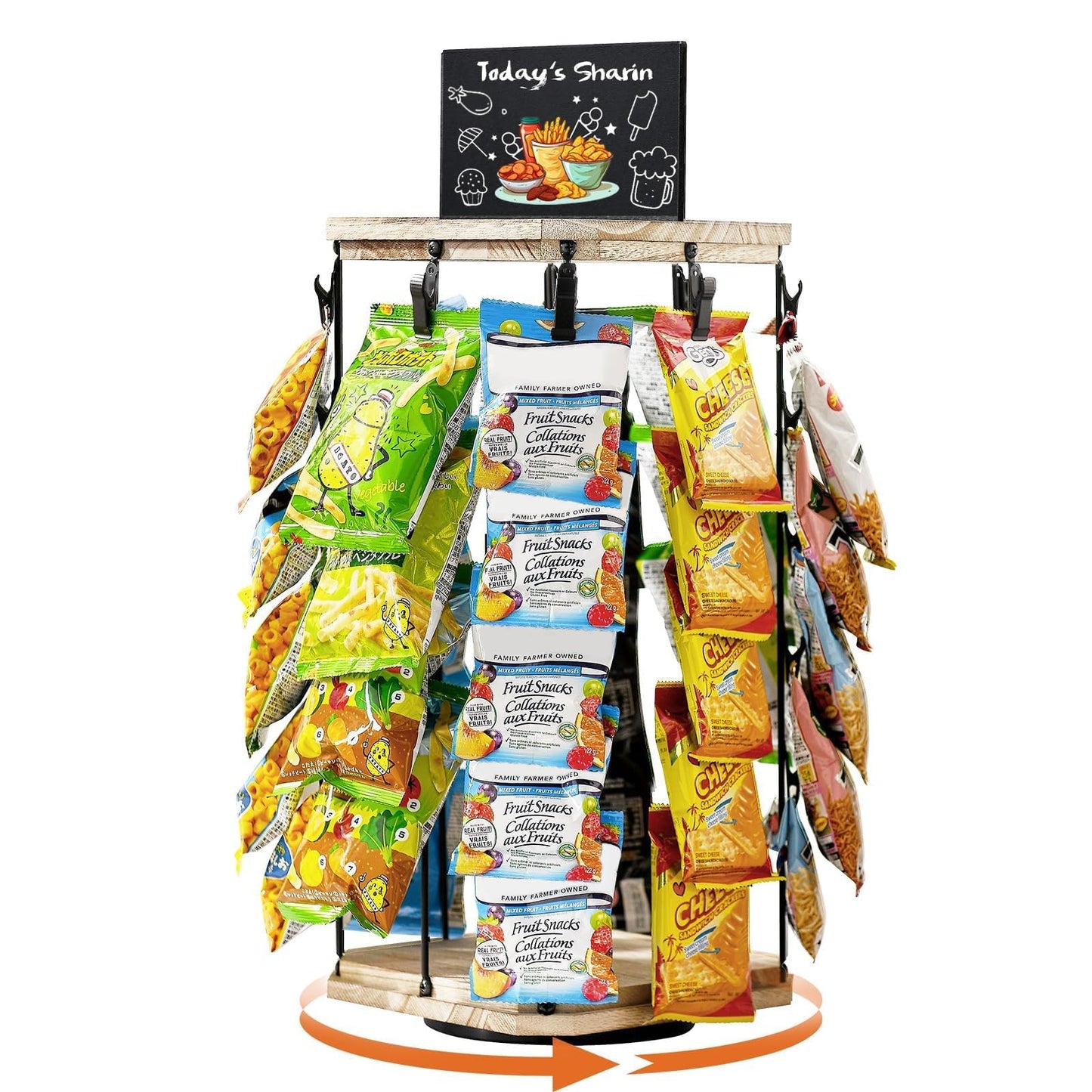 Pinzoveco Chip Rack Display Stand, 5 Tiers 40 Clips Snack Organizer for Office Desk, 360° Wooden Base Chip Holder Candy Display for Concession Stand, Countertop, Party, With Message Board