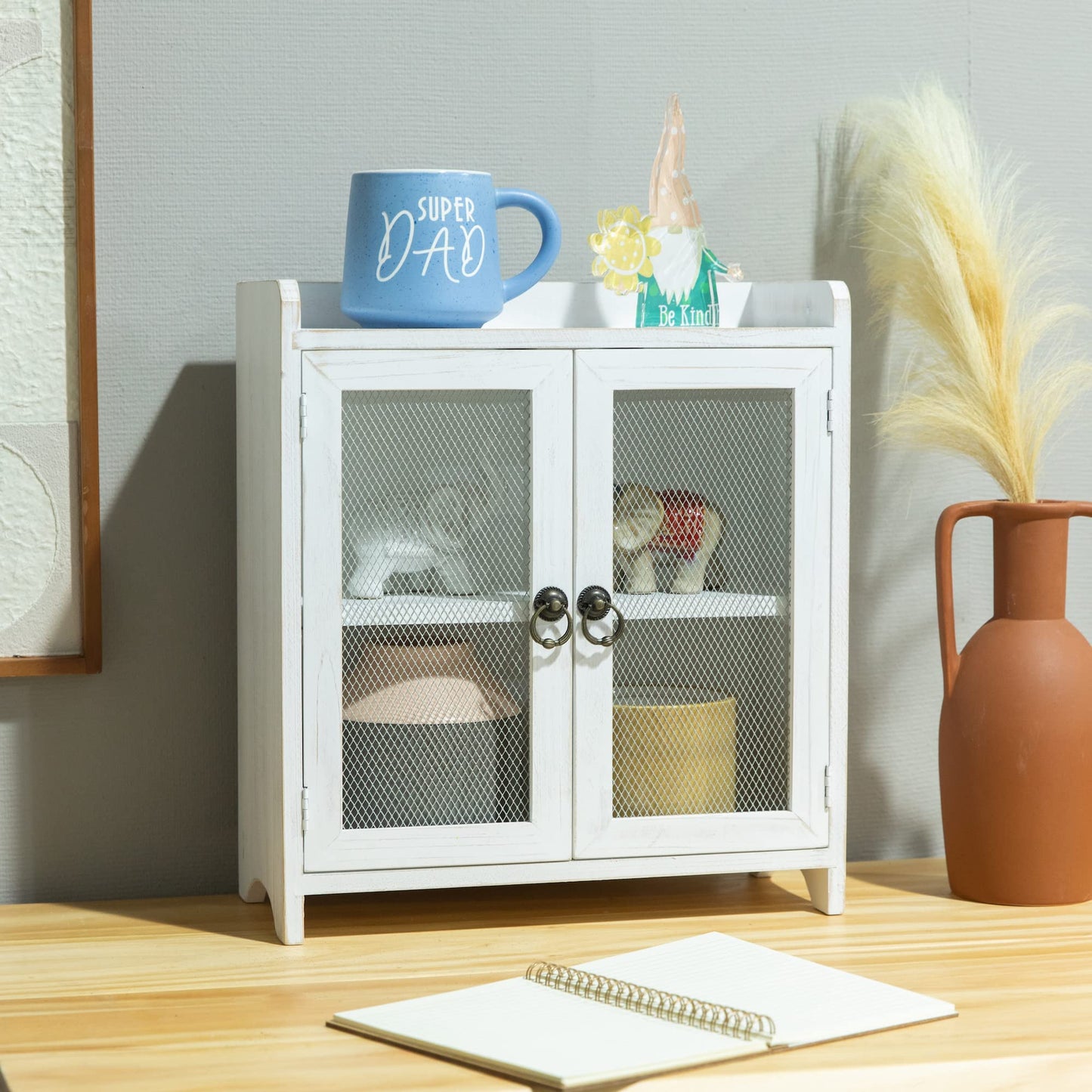 COLLECTIVE HOME - 2 Tiered Storage Cabinet, Countertop Cabinet, Wood Organizer for Kitchen Living Room Bedroom Bathroom Office with Magnetic Door, 15.75 x 14.5 x 6.5, White, 02