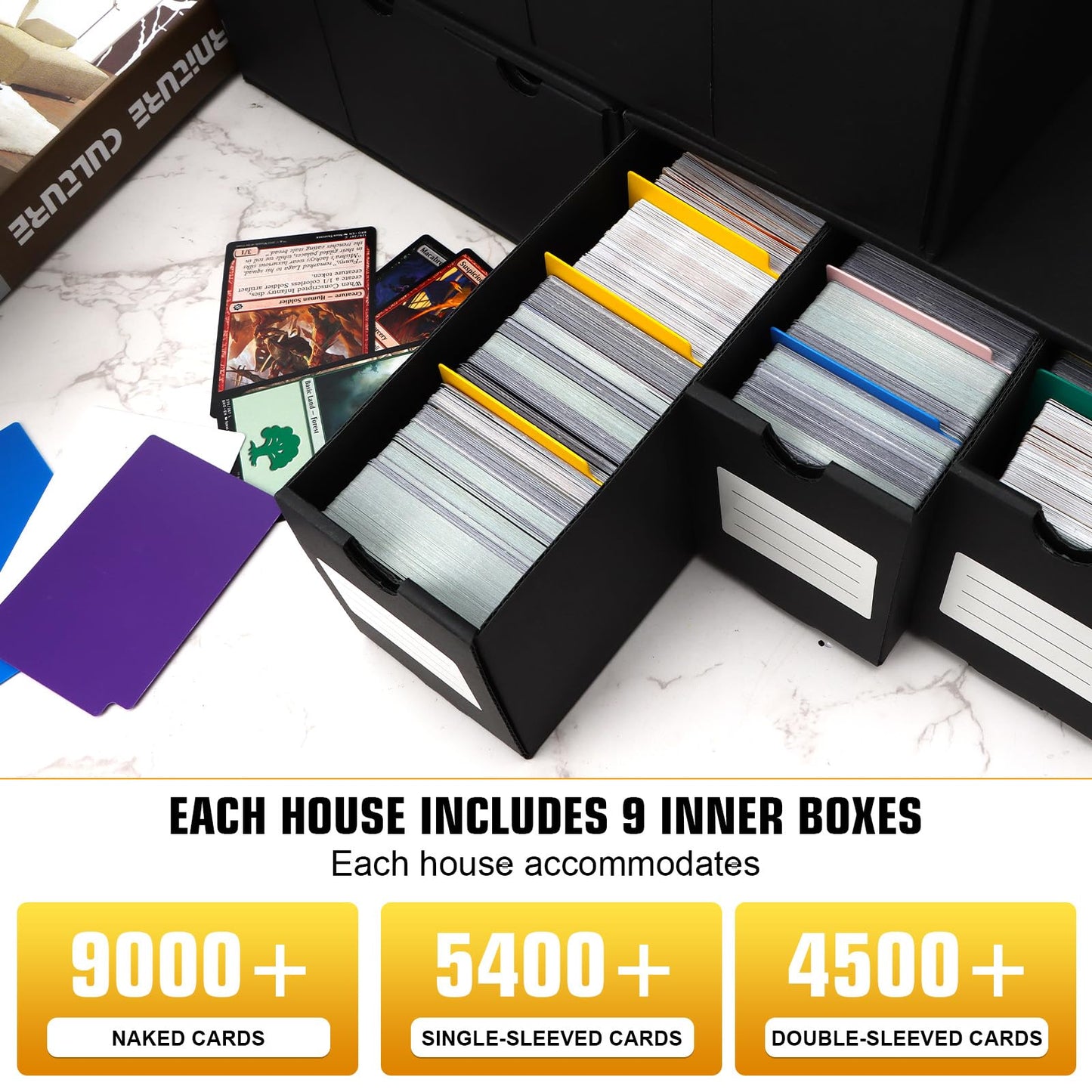 QLOUNI Trading Card Storage Box, Includes 12-600 CT Boxes & 48 Card Dividers, 12000+ Trading Card Organizer for Collectible Games, for TCG, YuGiOh, MTG, PTCG (9-600 CT Boxes)