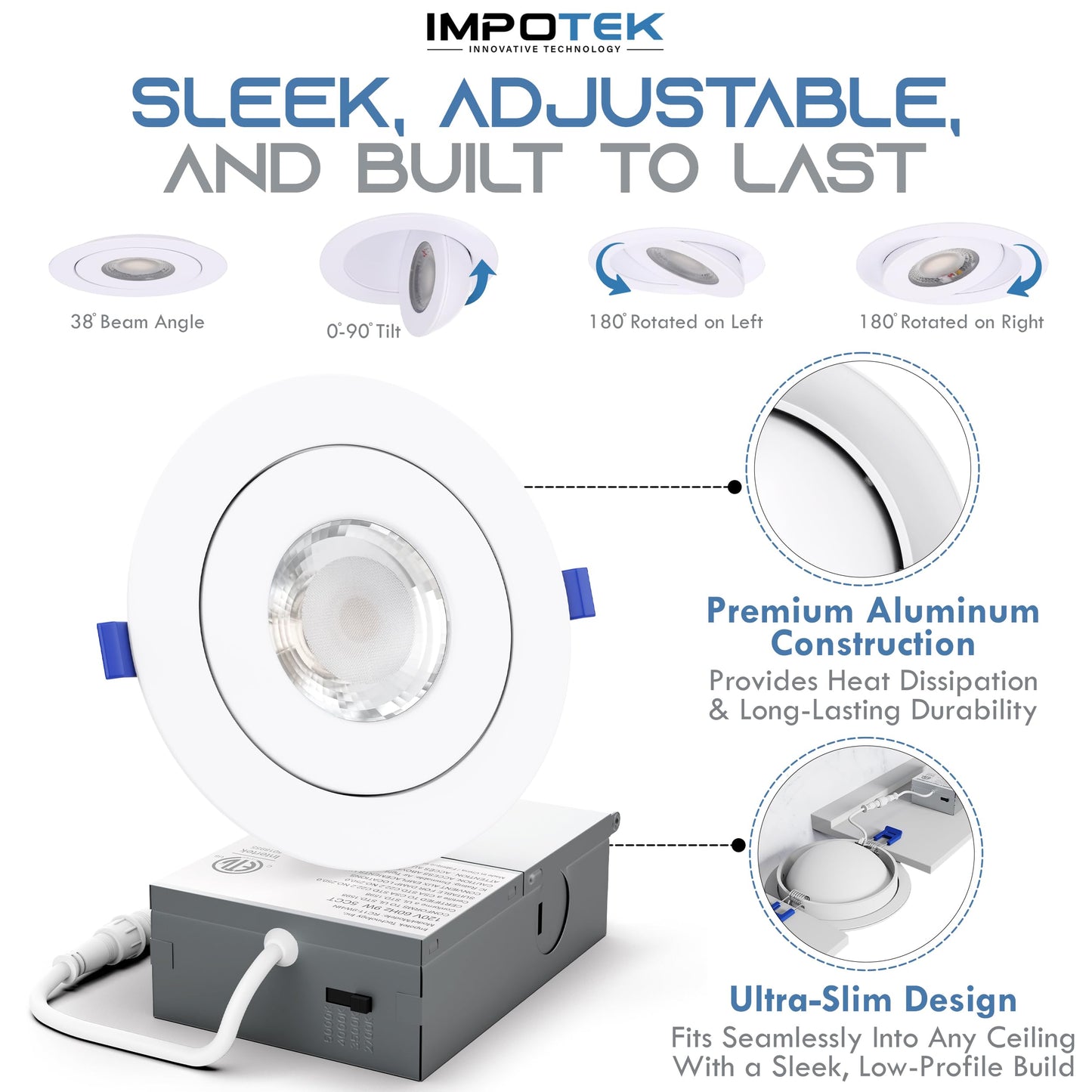 IMPOTEK 4 Inch Gimbal Eyeball Light, LED Recessed Ceiling Light with Junction Box 5 CCT 2700K/3000K/3500K/4000K/5000K Dimmable IC Rated ETL Energy Star Listed 9W 800LM - RCL1T-9W4IN (Pack of 4)