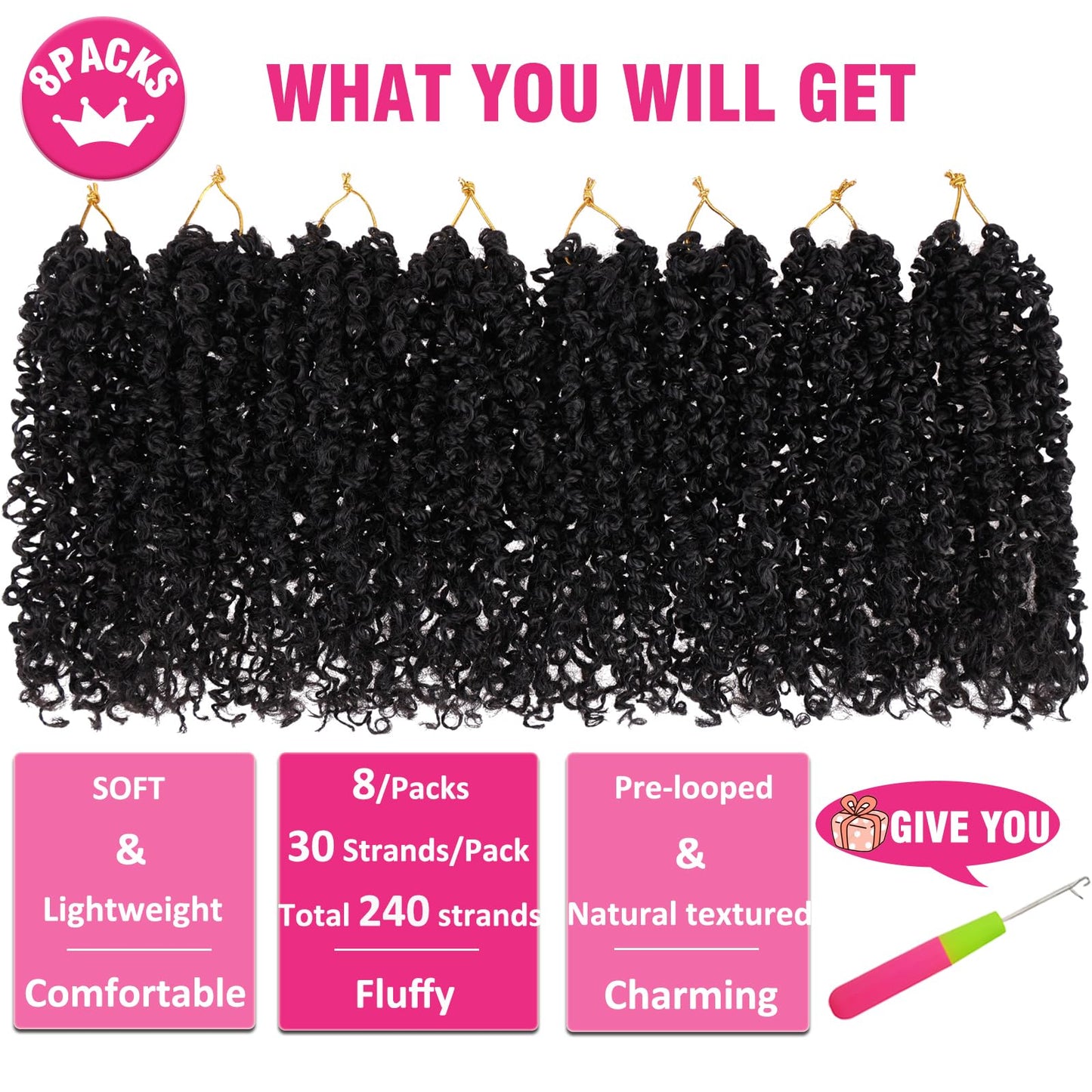 Unionbeauty 8 Packs Pre-looped Yanky Twist Crochet Braids Hair 8 Inch 30 Strands/PCS Natural Black Pre-twisted Passion Twist Boho Crochet Braid Hair with Curly Crochet Hair Senegalese Twist Braids 1B#