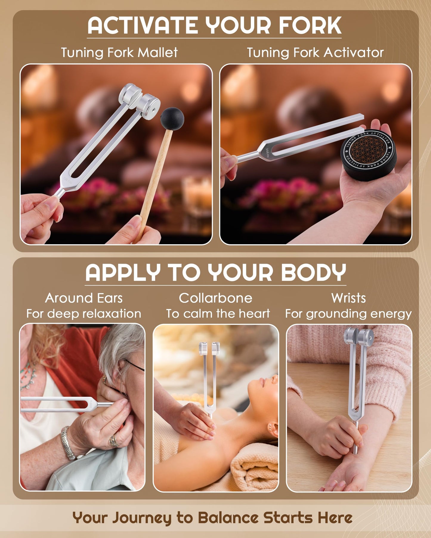 Tuning Forks for Healing Set-128Hz, 136.1Hz, 256Hz, 384Hz Weighted & Unweighted with Activator & Pouch-Complete Sound Therapy Kit for Chakra Balancing, Yoga, Meditation, Stress Relief & Energy Healing