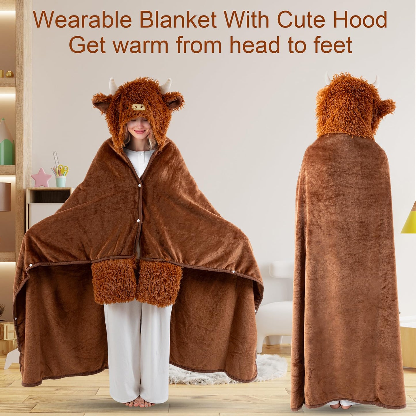 TOYSYM Highland Cow Hoodie Wearable Blanket Fluffy Highland Cattle Blankets 50 X 60" 860g Comfy Fuzzy Hooded Throw Blanket Christmas Birthday Gifts for Women 30S Mom Girlfriend Teen Girl Gifts
