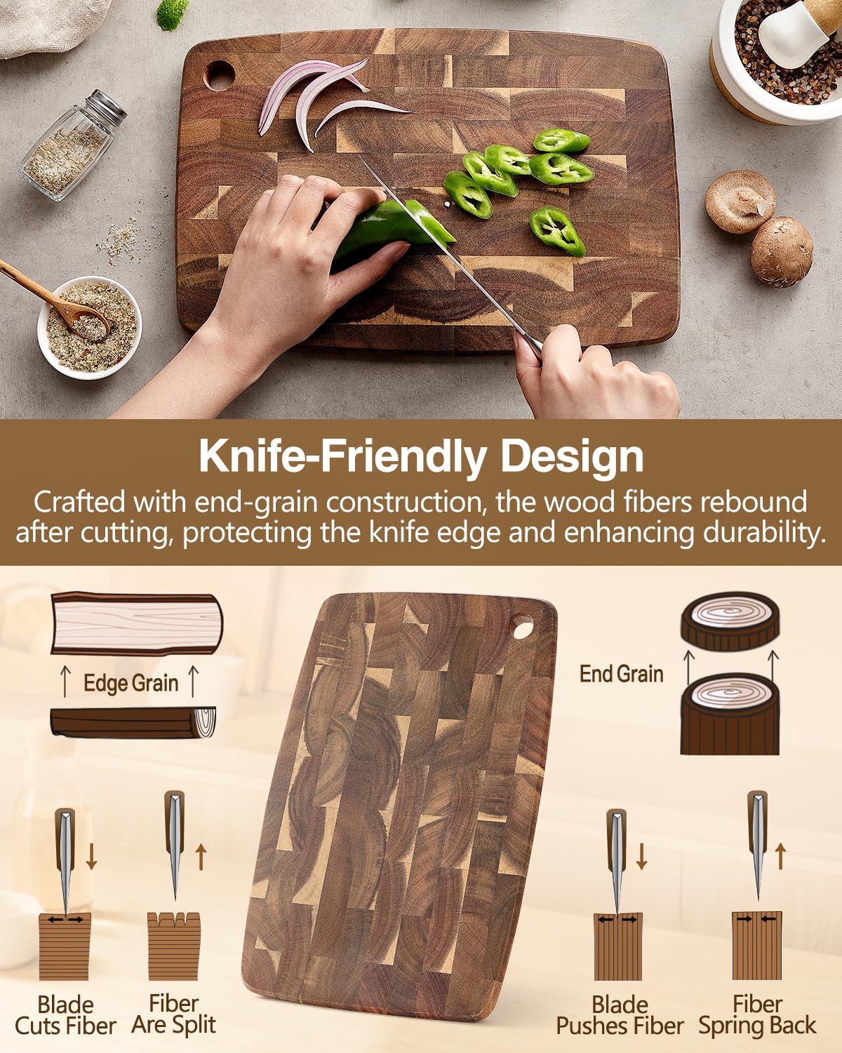 XINZUO Small Acacia Wood Dark Kitchen Cutting Board for Meat, Vegetables and Cheese, Double-Sided, with Hanging Hole,14.1 x 9.4 inch Kitchen Chopping Serving Board for Countertop