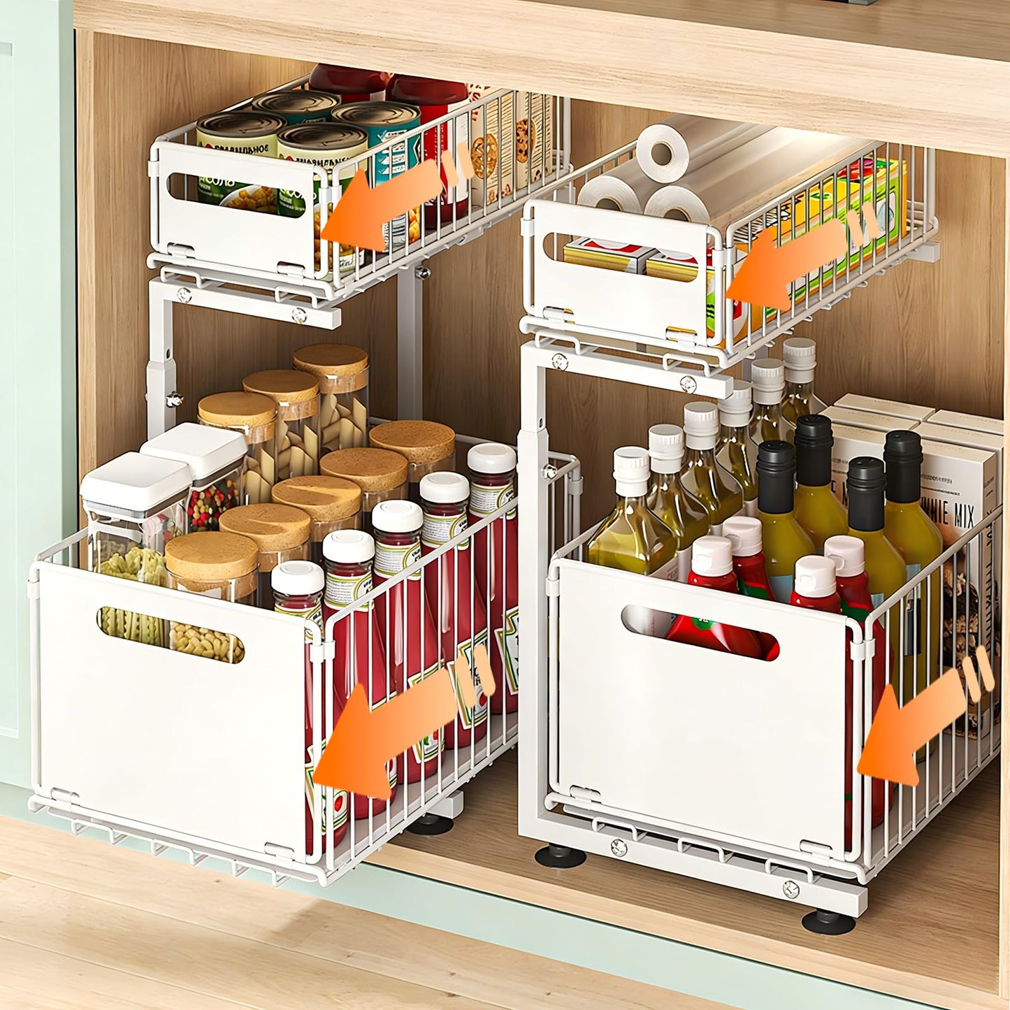 HABITELLO Under Sink Organizer, 2-Tier Multi-Use Kitchen and Bathroom Organizers and Storage, Slide Out Thickened Metal Under The Sink Organizer for Kitchen Bathroom Pantry (Sytle B White, 2 Pack)