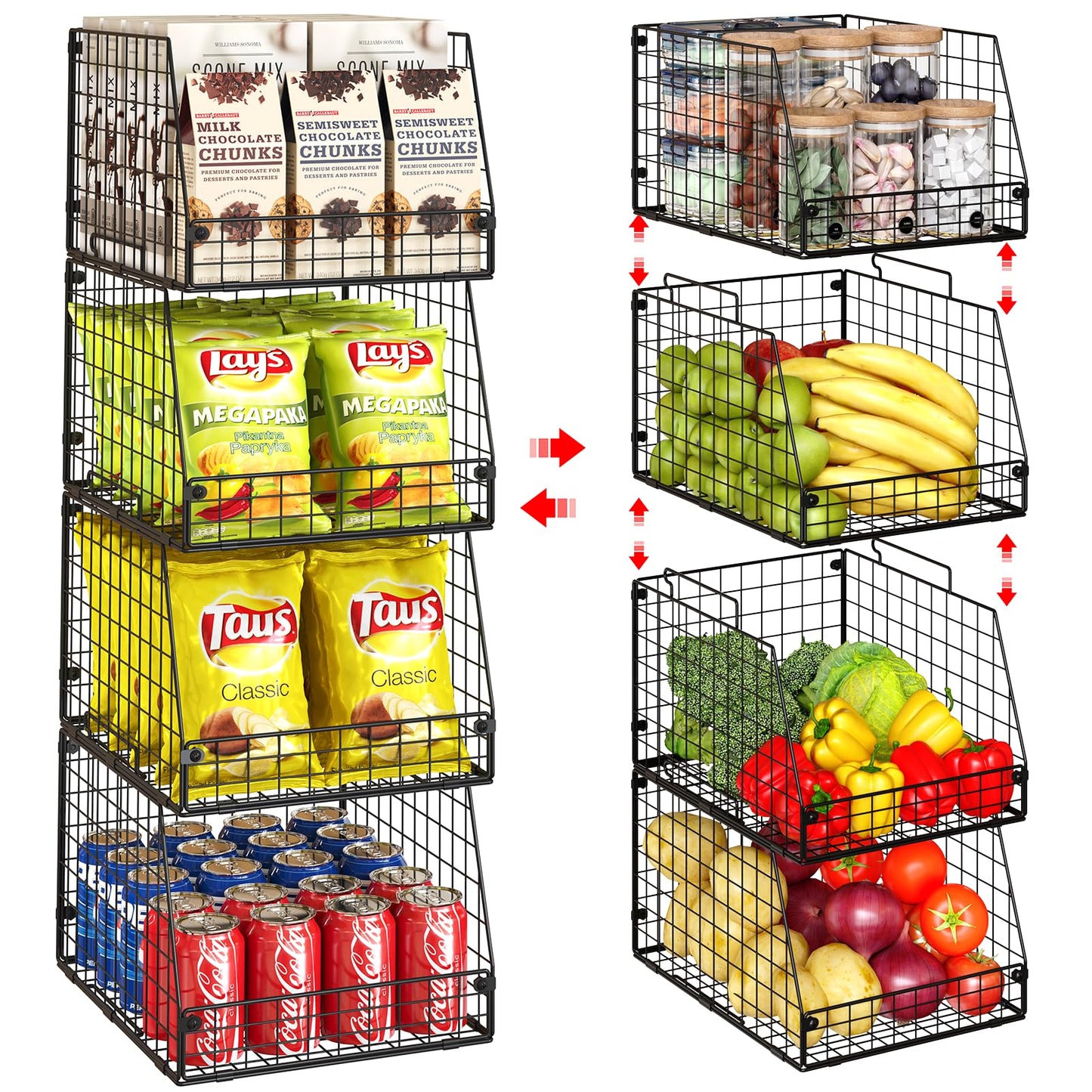 4 Pack XXL Stackable Wire Storage Basket, Extra Large Capacity Pantry Organizer and Storage, Muti-Purpose for Fruit Vegetable Basket & Toy Bin & Snack Organizer
