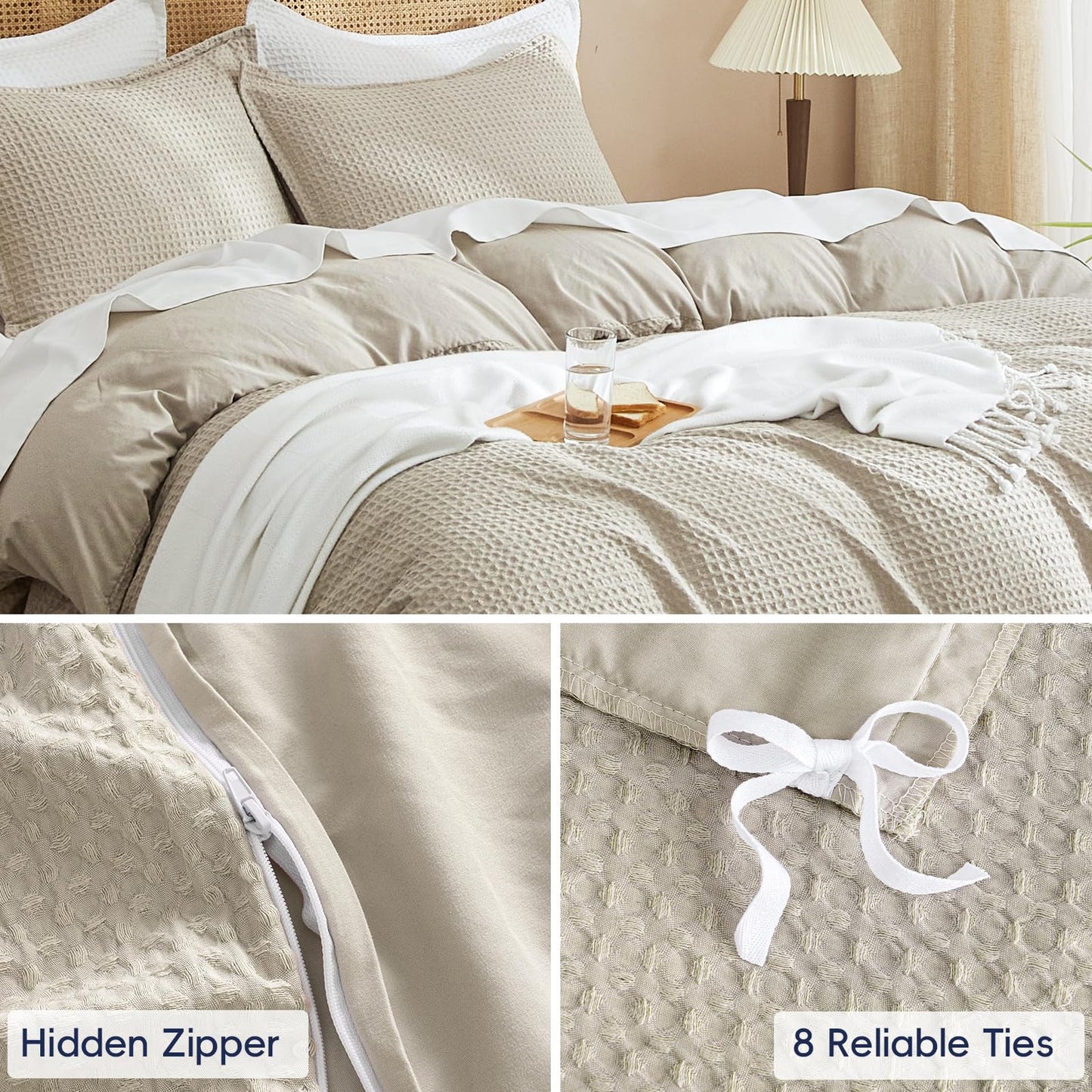 PHF Waffle Weave Duvet Cover Set King Size, No Snagging Ultra Soft Luxury Textured Comforter Cover for All Season 3pcs, Durable Bedding Duvet Set with 2 Pillow Shams, 104"x90", Linen
