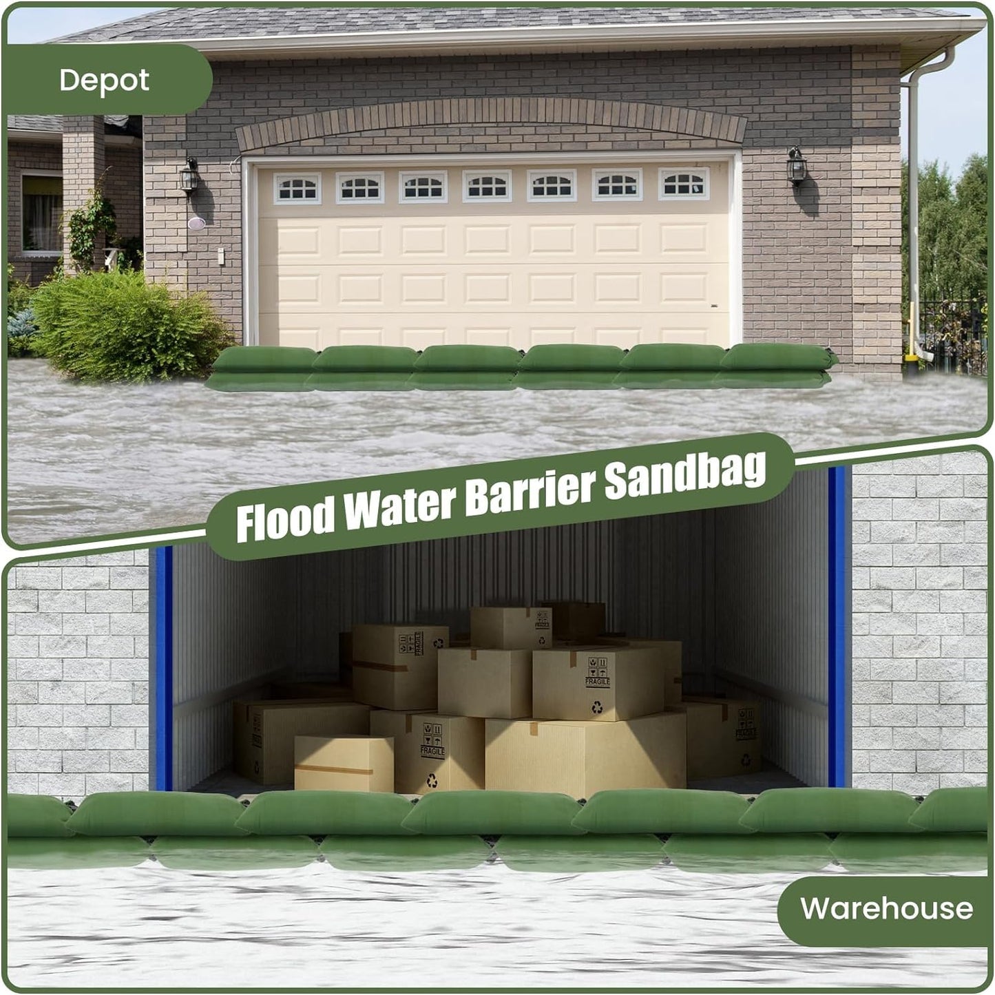 Flood Water Barrier Sand Bags - 6Pcs Thickened Long Canvas Flood Protection Sandbags with Insert Buckle Reusable Quick Flood Barrier for Home Door Window Basement Garage Floor Flood Control