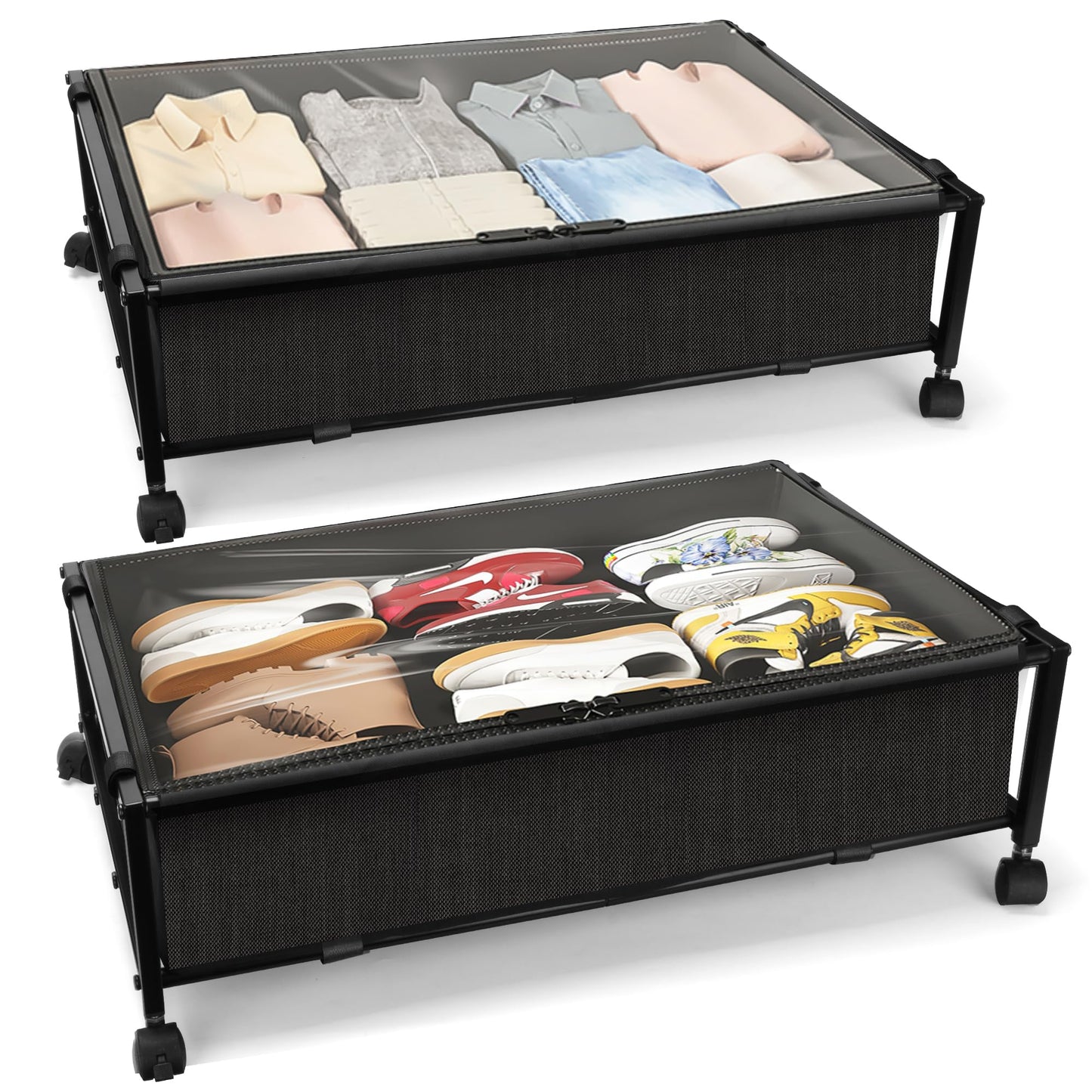 JEPEErbz Under Bed Storage with Wheels 2 Packs, Under Bed Drawers, Underbed Storage with Wheels and Lid, Rolling Under Bed Drawers for Clothes, Shoes, Blankets, Toys (Black)