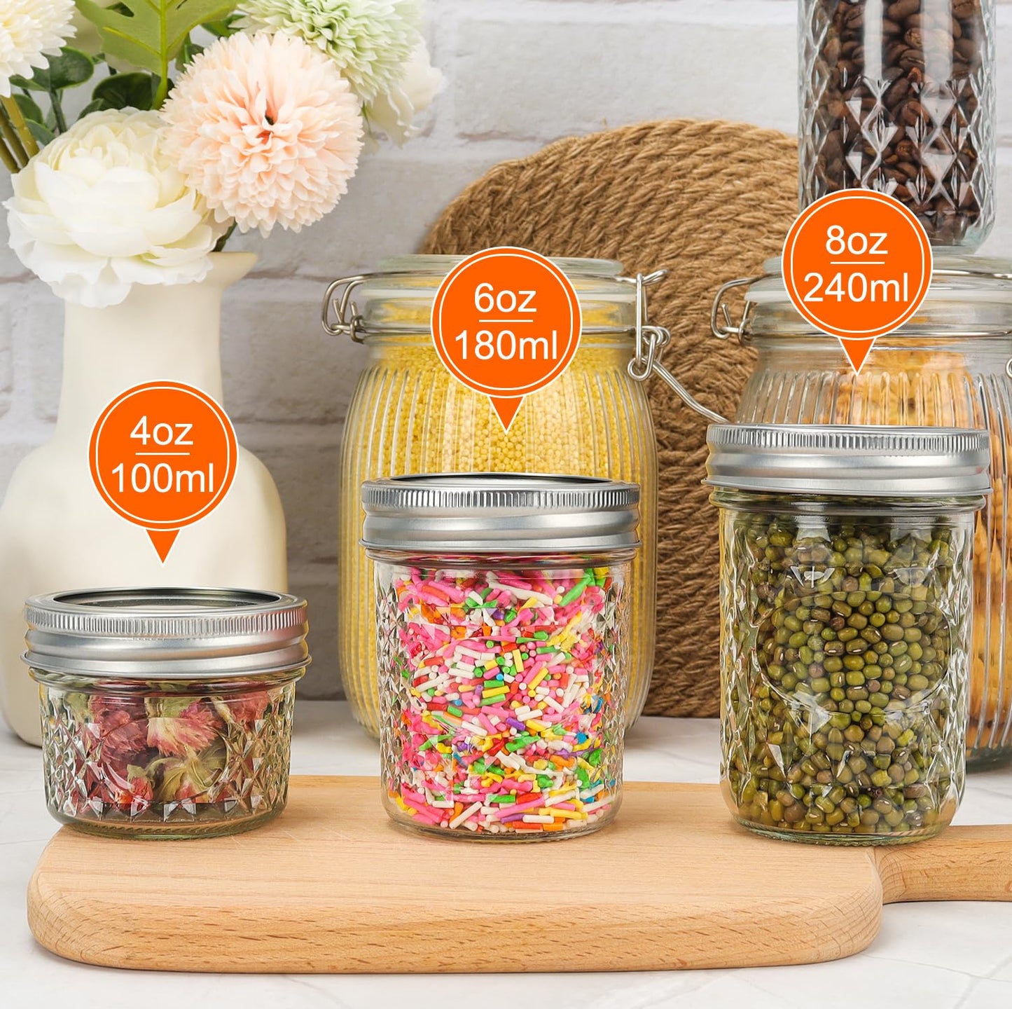 CycleMore 40 Pack 4oz 100ml Clear Glass Mini Mason Jars With Silver Separable Lids and Diamond appearance, Round Canning Jars for Spice, Honey, Jam, Jelly,Kitchen Food Storage