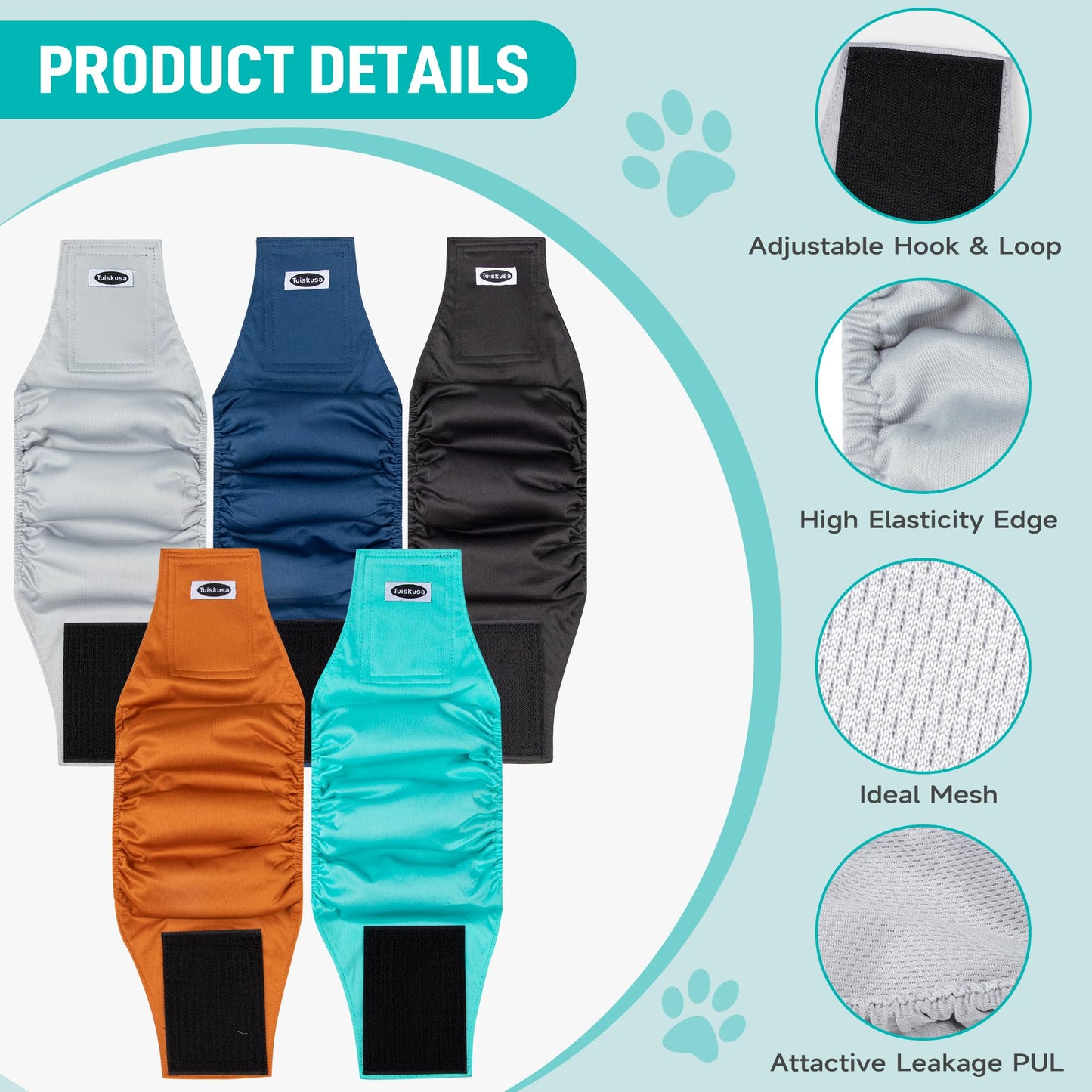 Tuiskusa Male Dog Diapers, High Absorbing Dog Belly Bands (5 Pack)