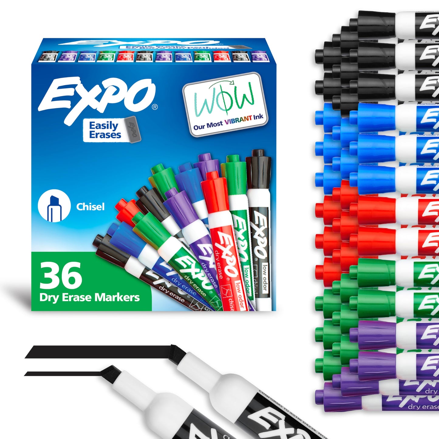 EXPO Dry Erase Markers, Low Odour Ink, Assorted Colours, Chisel Tip, 36 Count