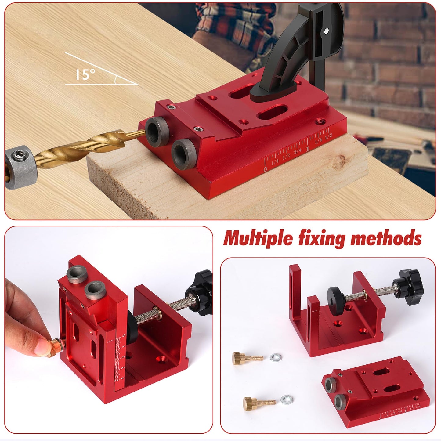 Pocket Hole Jig Kit for Beginners, Adjustable 15° Aluminum Woodworking Jig with Depth Stop & Dual-Scale Slider, Includes Drill Bit, 3-in-1 Hole Jig Kit for Cabinets, Furniture & DIY Table Leg Assembly