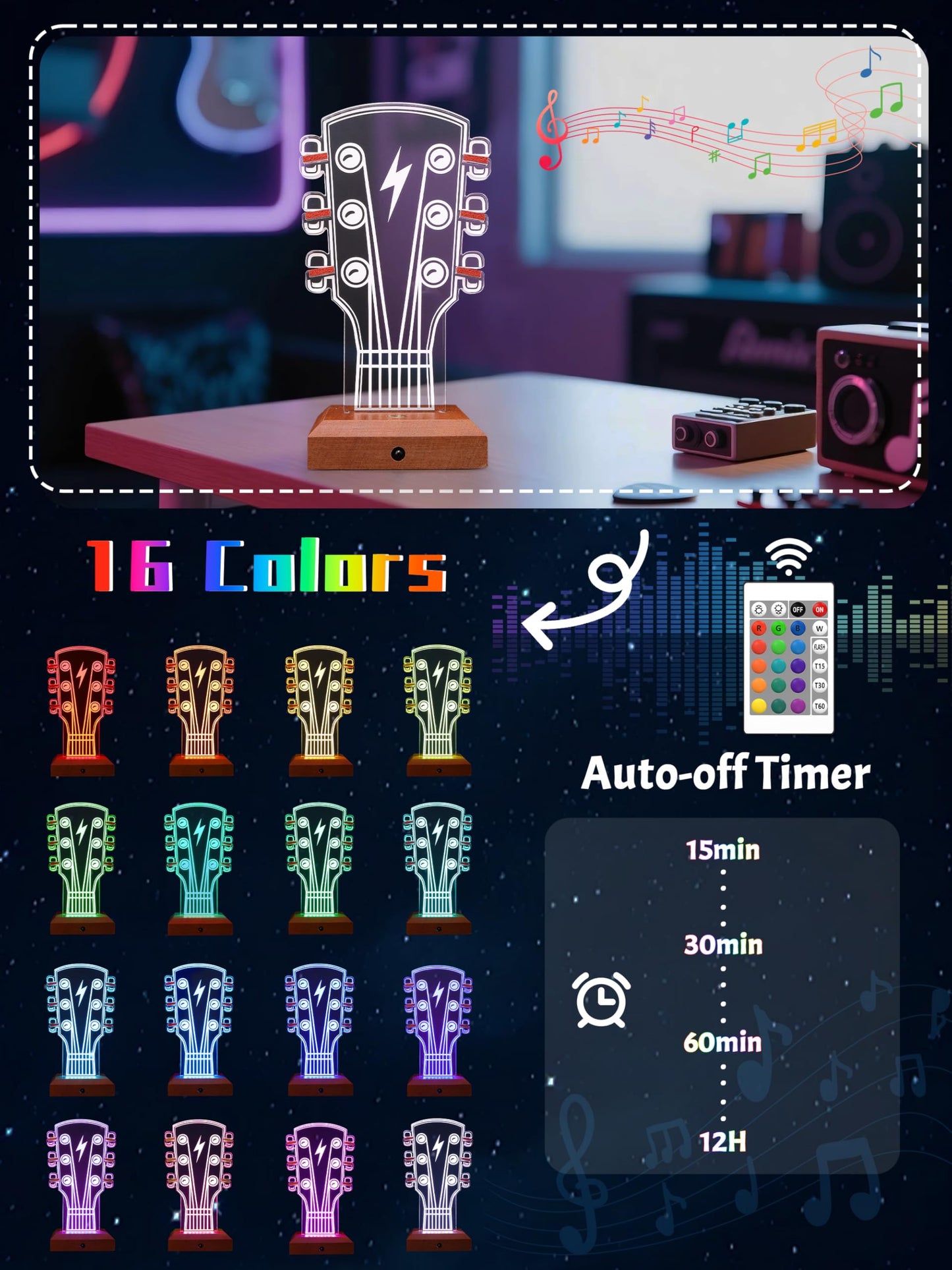 CoolGift Mart Light Up Guitar Pick Holder, Acrylic Wooden Guitar Headstock Shaped Pick Holder with 16 Color Lights for Picks Storage and Display, Gift for Guitarists