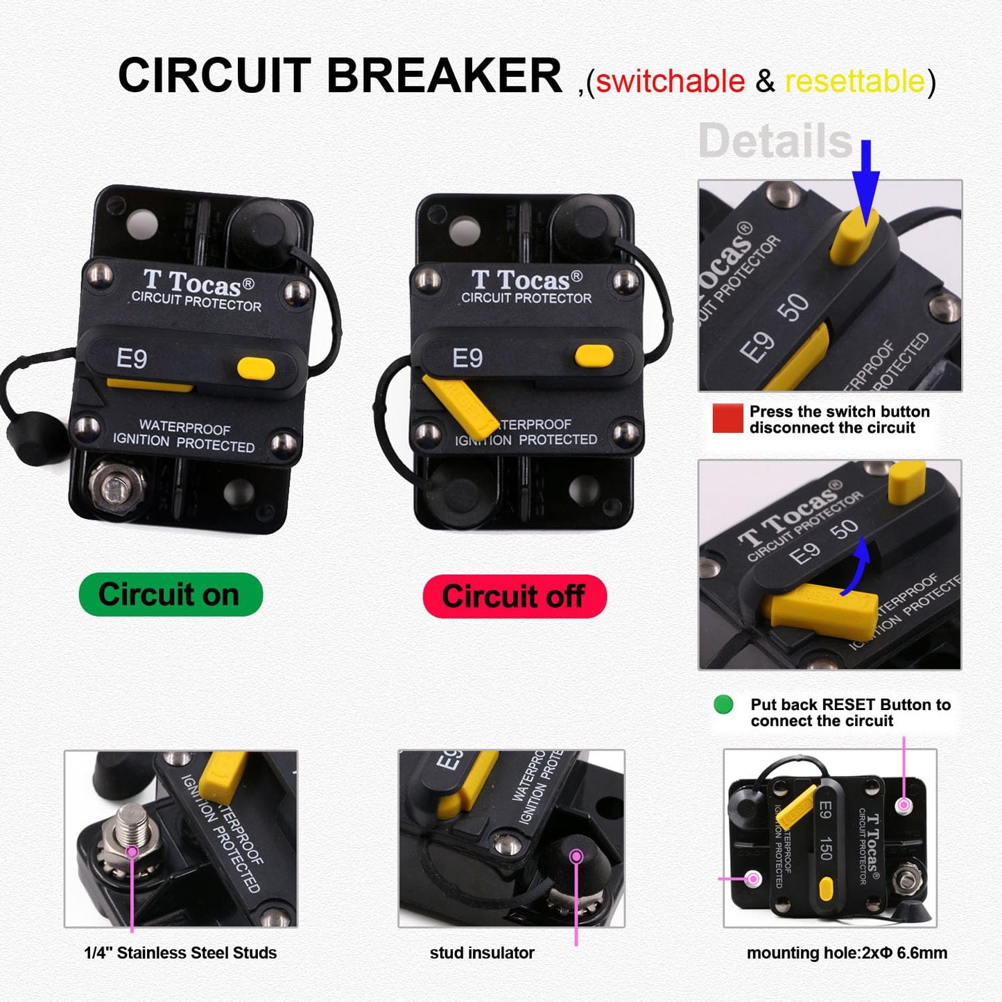 T Tocas T3 Surface-Mount 80 Amp Circuit Breaker with Manual Reset Switch Button, 12V - 48V DC, Waterproof 80A
