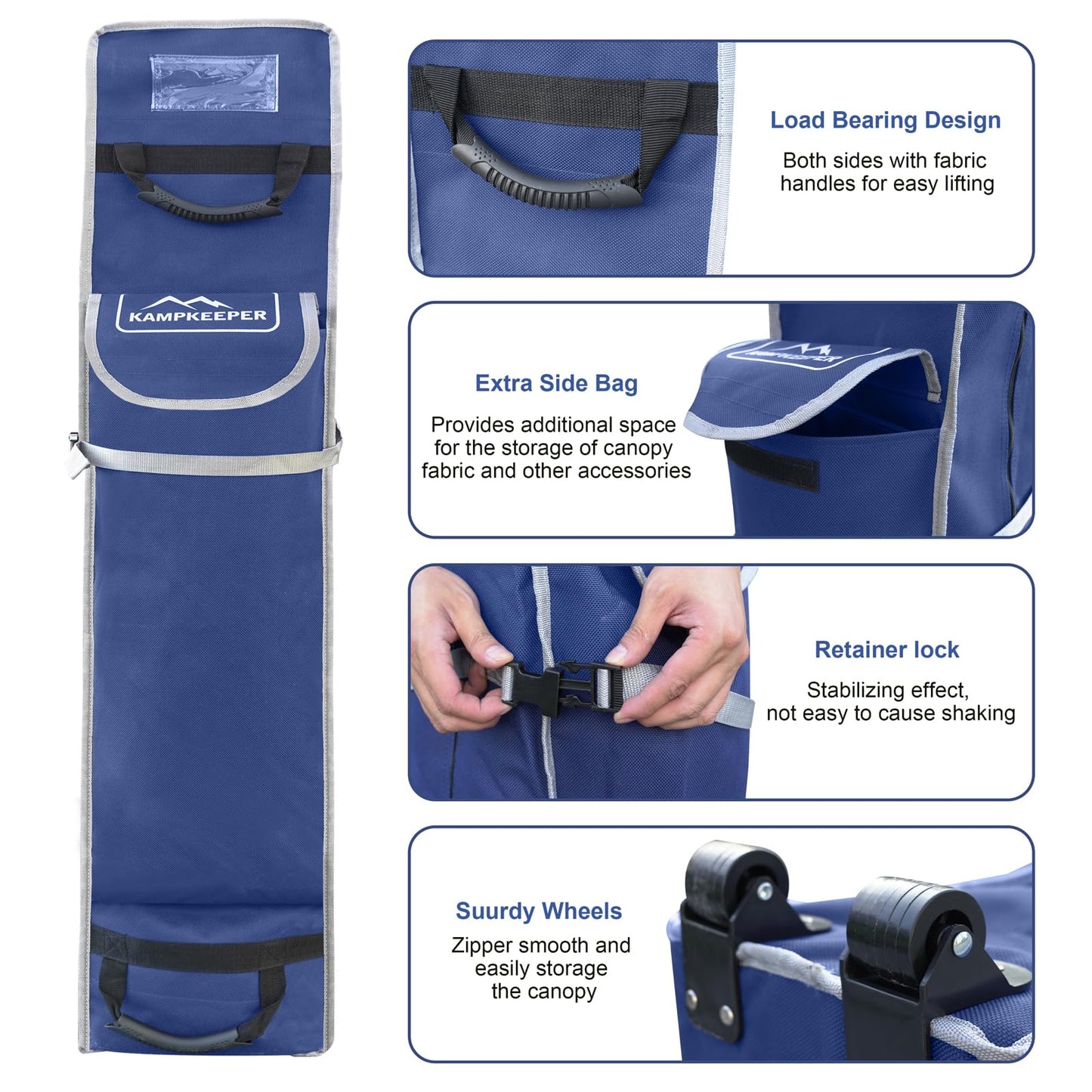 KAMPKEEPER Canopy Bag Replacement, Wheeled Tent Storage Bags for 10x10 Pop Up Shelters and Canopy Tents, 1680D Waterproof Oxford Fabric Replacement Parts (Nave Blue, 62.5inch)
