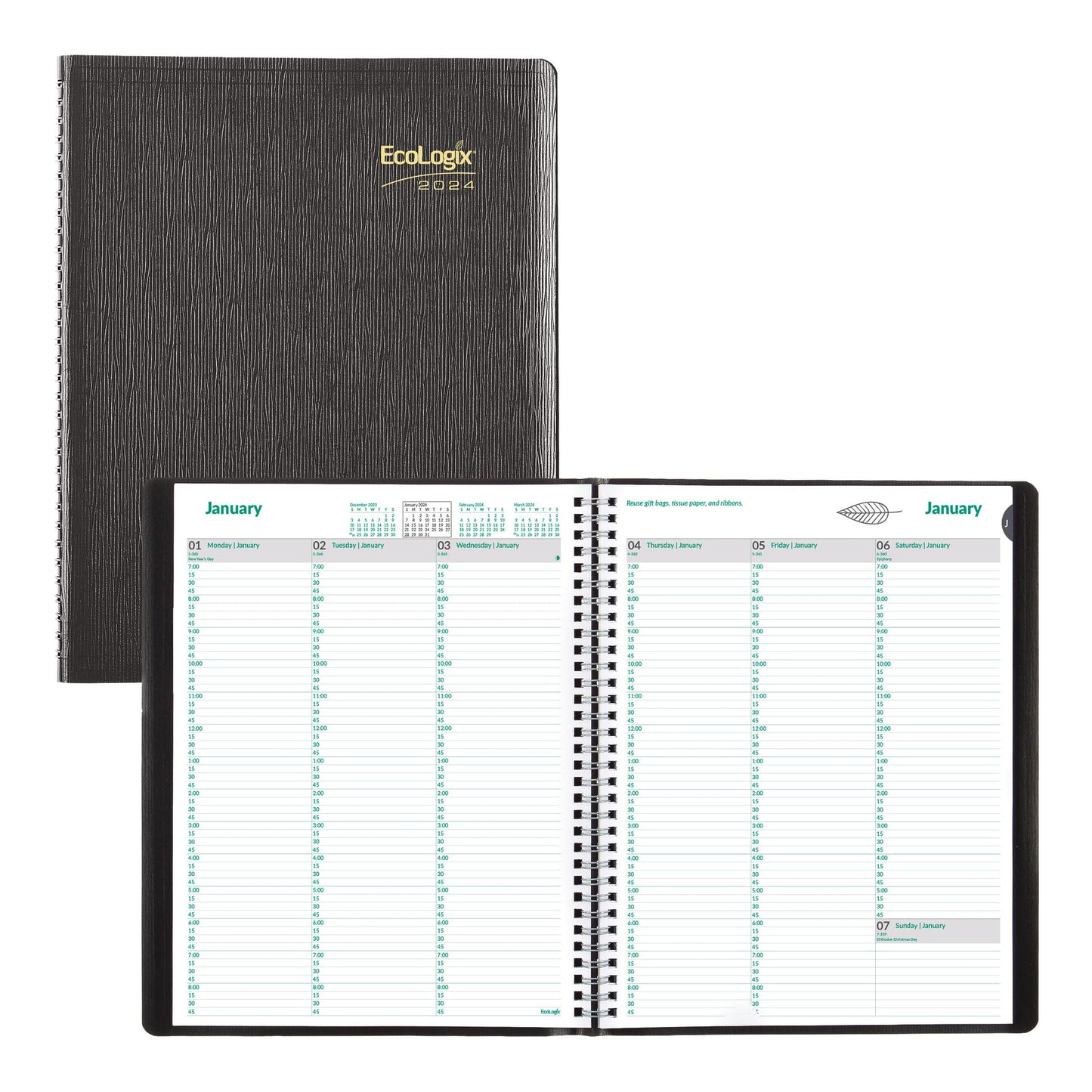 Brownline 2024 EcoLogix Weekly Planner, Appointment Book, 12 Months, January to December, Twin-Wire Binding, 11" x 8.5", Black, Recycled (CB425W.BLK-24)