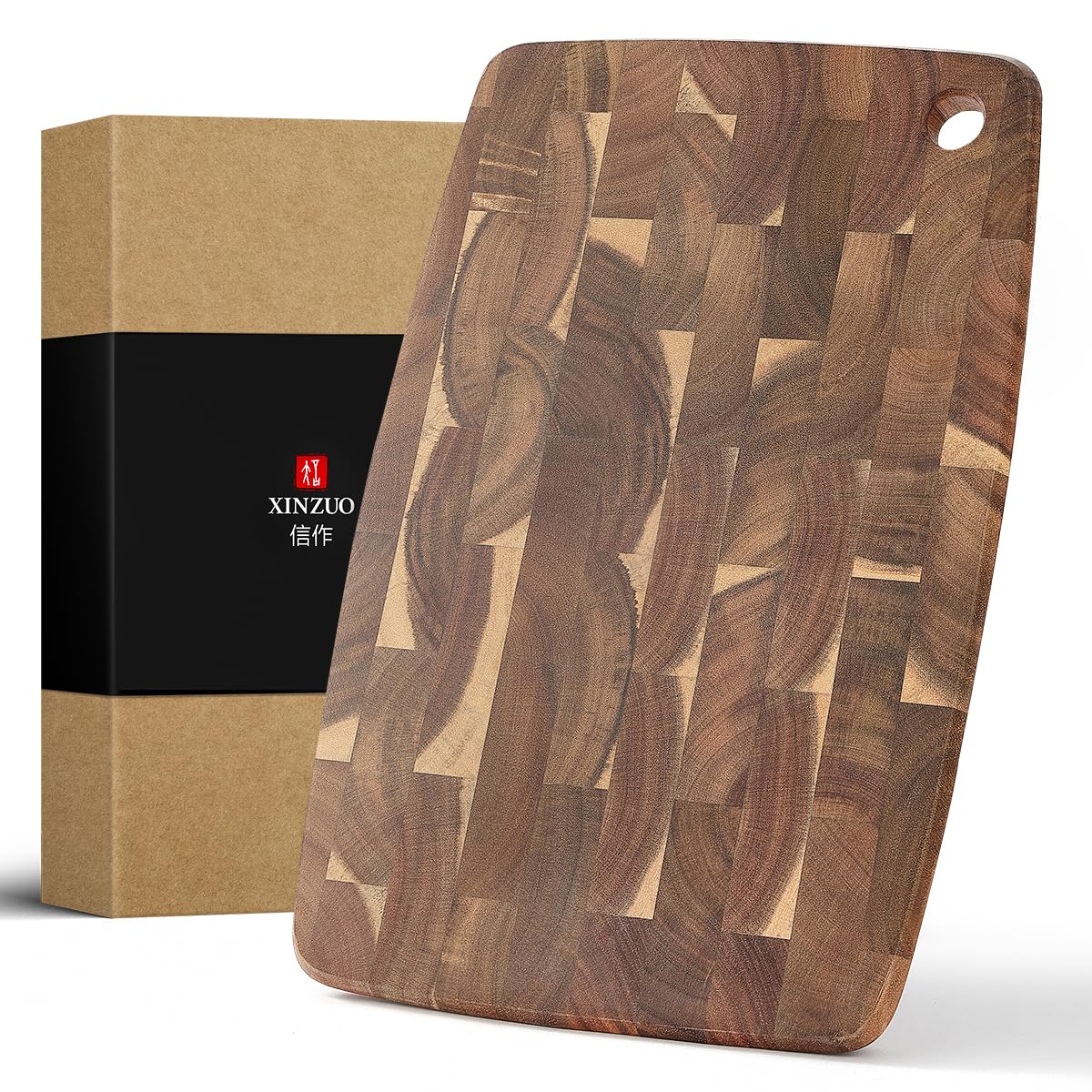 XINZUO Small Acacia Wood Dark Kitchen Cutting Board for Meat, Vegetables and Cheese, Double-Sided, with Hanging Hole,14.1 x 9.4 inch Kitchen Chopping Serving Board for Countertop