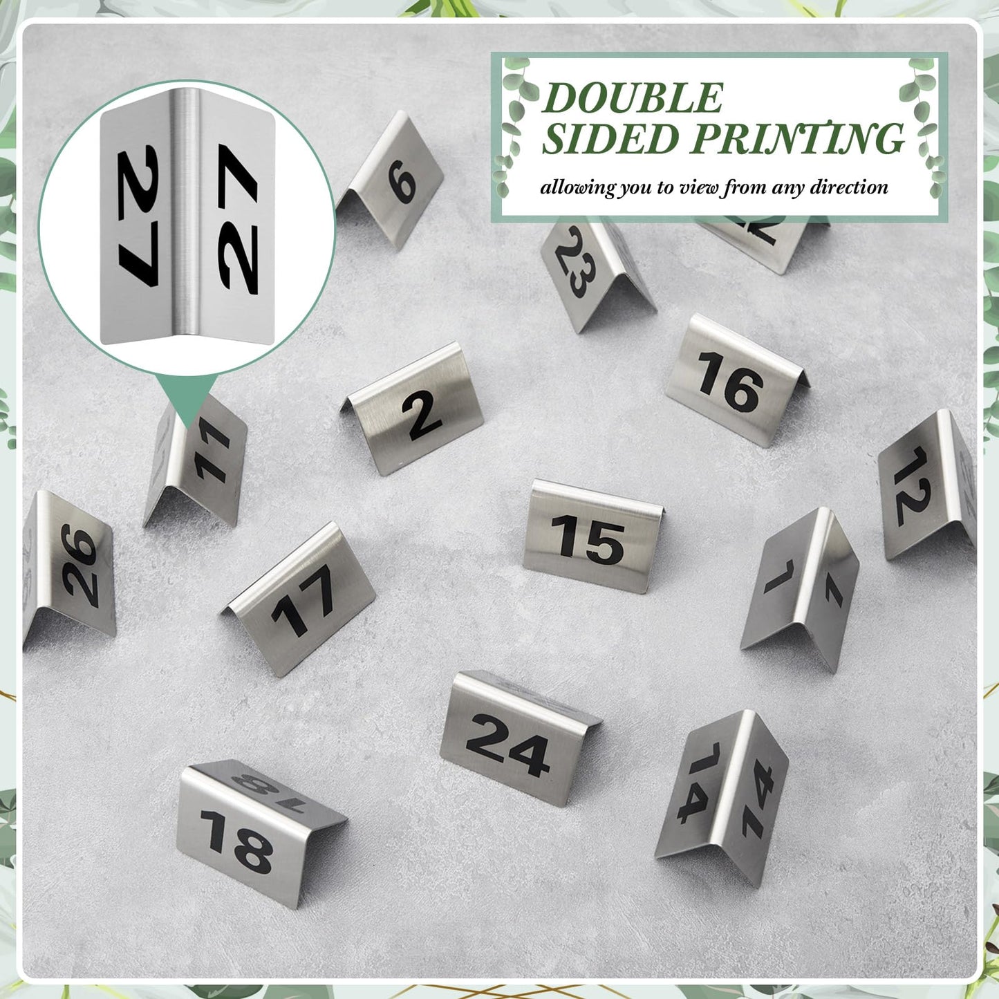 Wenqik 50 Pcs Stainless Steel 1-50 Table Numbers Tent 2 x 1.6 Inches Style Restaurants Table Number Card Tent Cards for Cafes Bars Party Banquets Food Service Wedding Evidence Markers Supplies