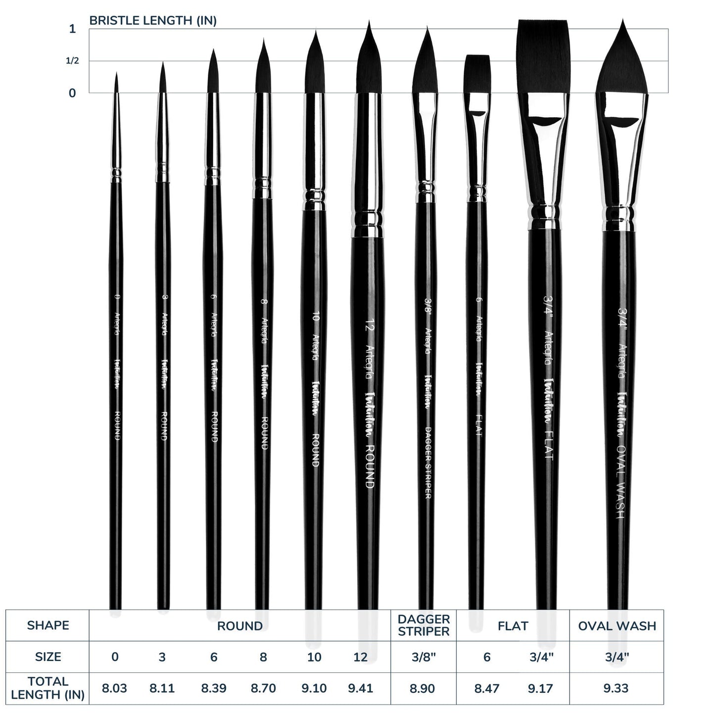 ARTEGRIA Watercolor Brush Set, 10 Soft Synthetic Squirrel Paint Brushes, Including Pointed Rounds, Flats, Dagger, Oval Wash