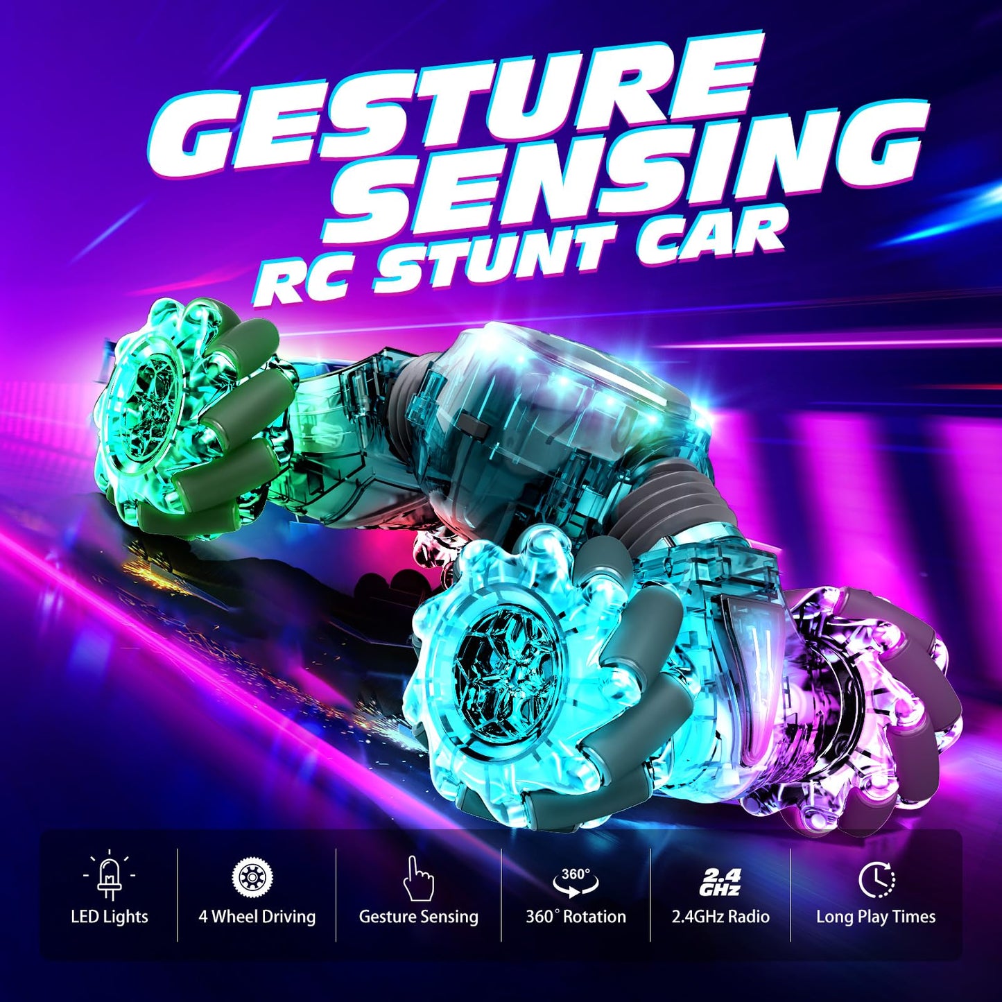 Tecnock Remote Control Car RC Cars for Boys Girls, 2.4GHz 4WD Gesture Sensing RC Stunt Car Toys - 360° Rotating Double Sided Hand Controlled RC Car with Lights, Gifts for Kids, Dark Green