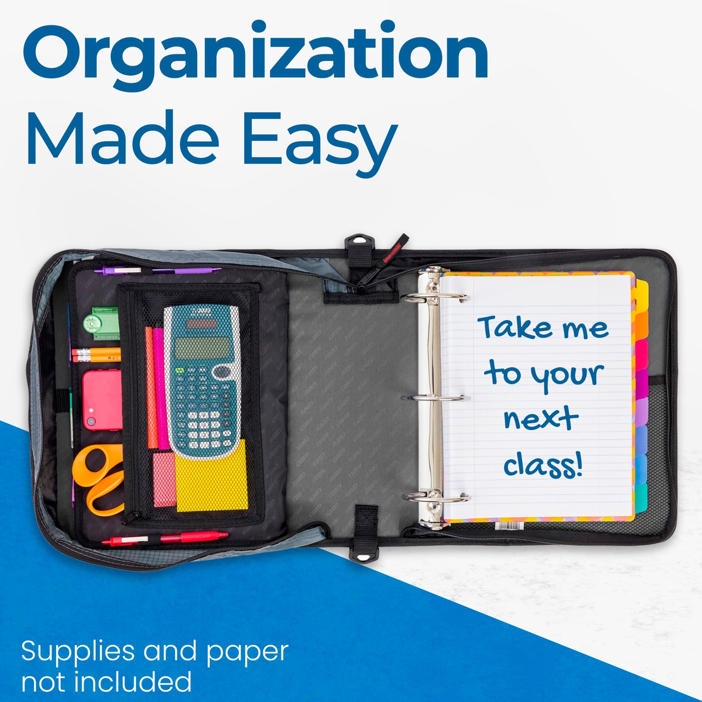 Case-it The Mighty Zip Tab Zipper Binder - 3 Inch O-Rings - 5 Color Tab Expanding File Folder - Multiple Pockets - 600 Sheet Capacity - Comes with Shoulder Strap - Jet Black D-146