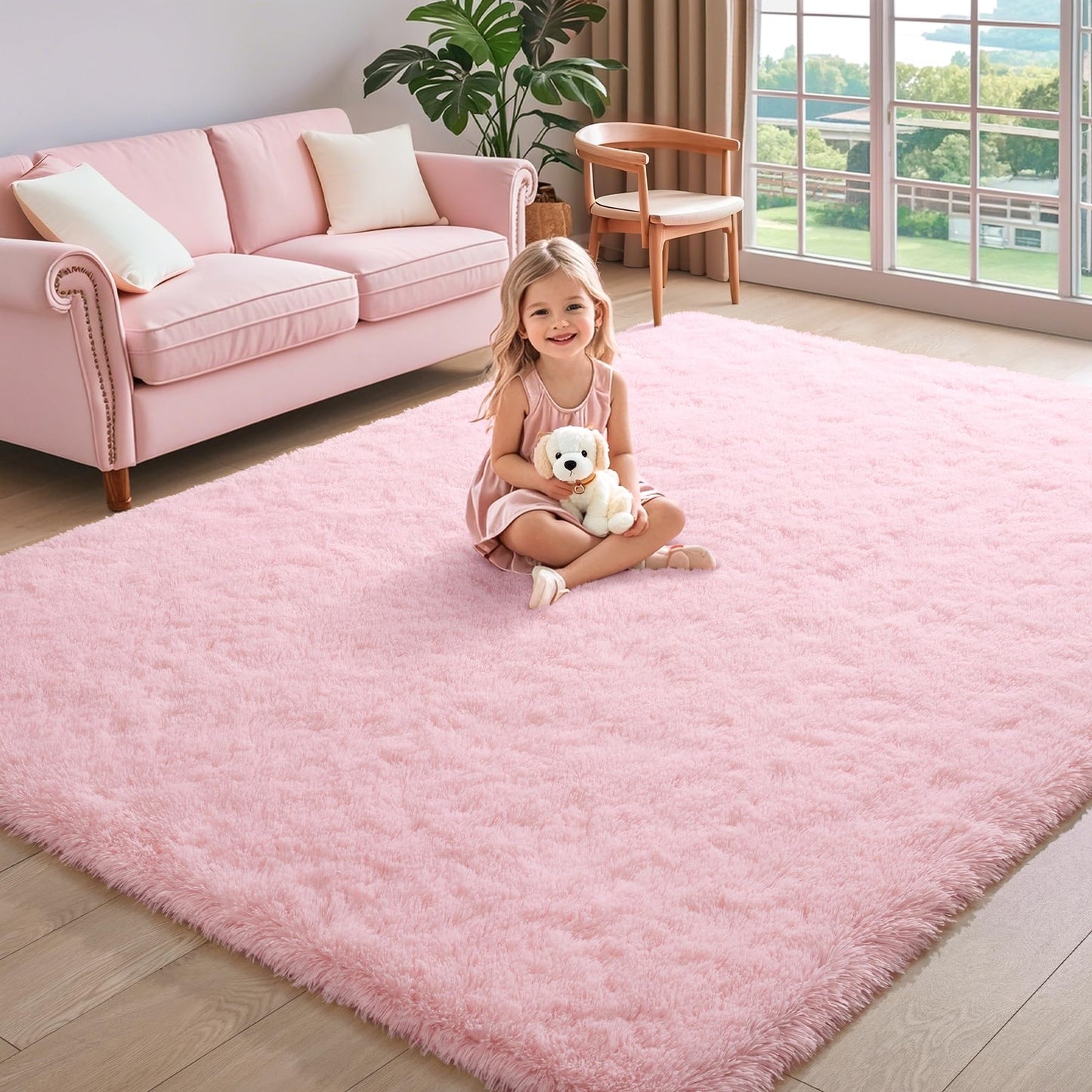 Keeko Extra Soft Area Rugs for Living Room Bedrooms, 5x7 Pink Fluffy Washable Bedroom Large Area Rug Cute Faux Fur Rug High Pile Carpet Indoor Rug for Girls Kids Nursery Baby Room Decor