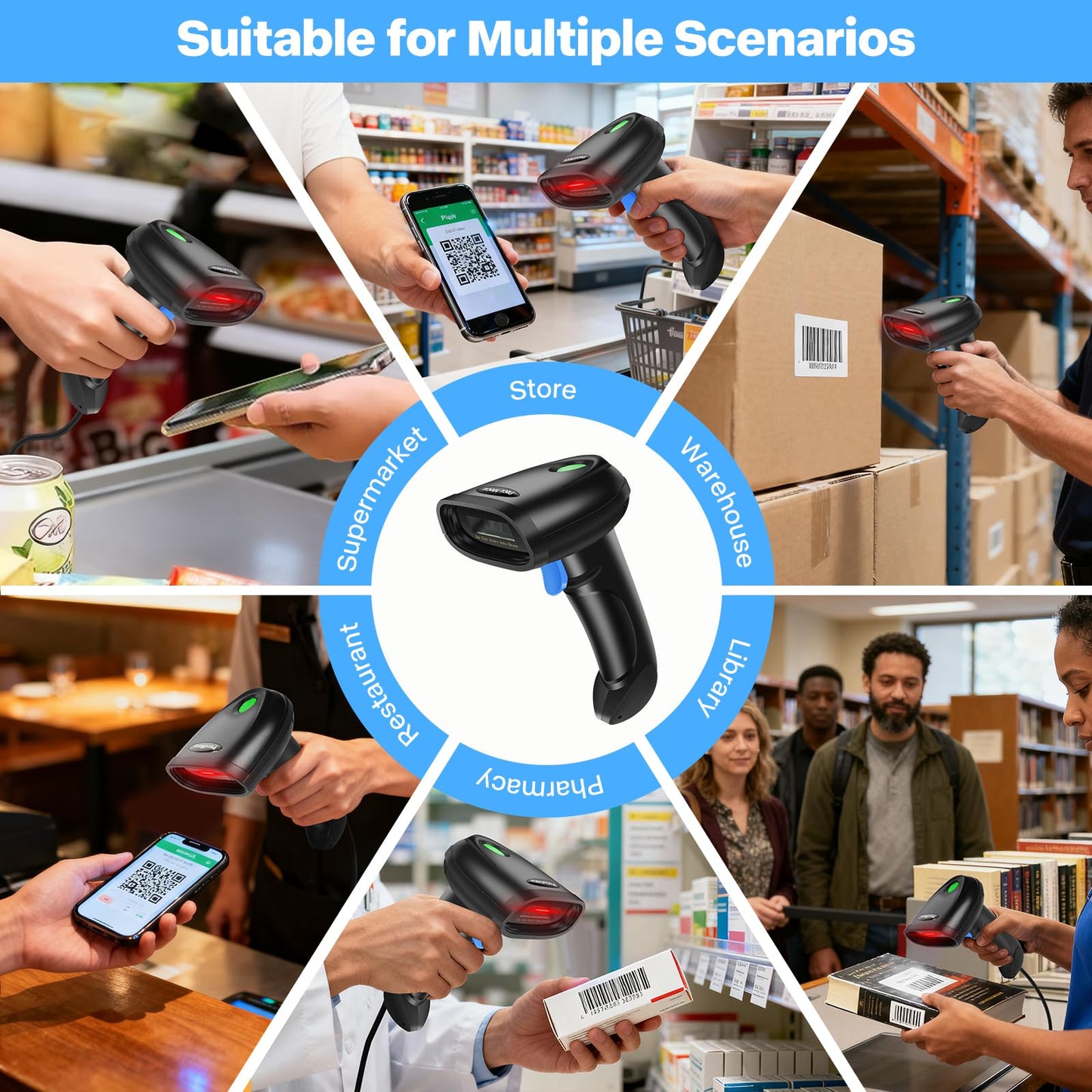 PecuMceu Bluetooth 1D&2D Barcode Scanner, 3-in-1 Bluetooth & USB Wired & 2.4G Wireless QR Barcode Reader, PDF417 Data Matrix Handheld Bar Code Scanner Work with Windows, Android, iOS (TM-10B)